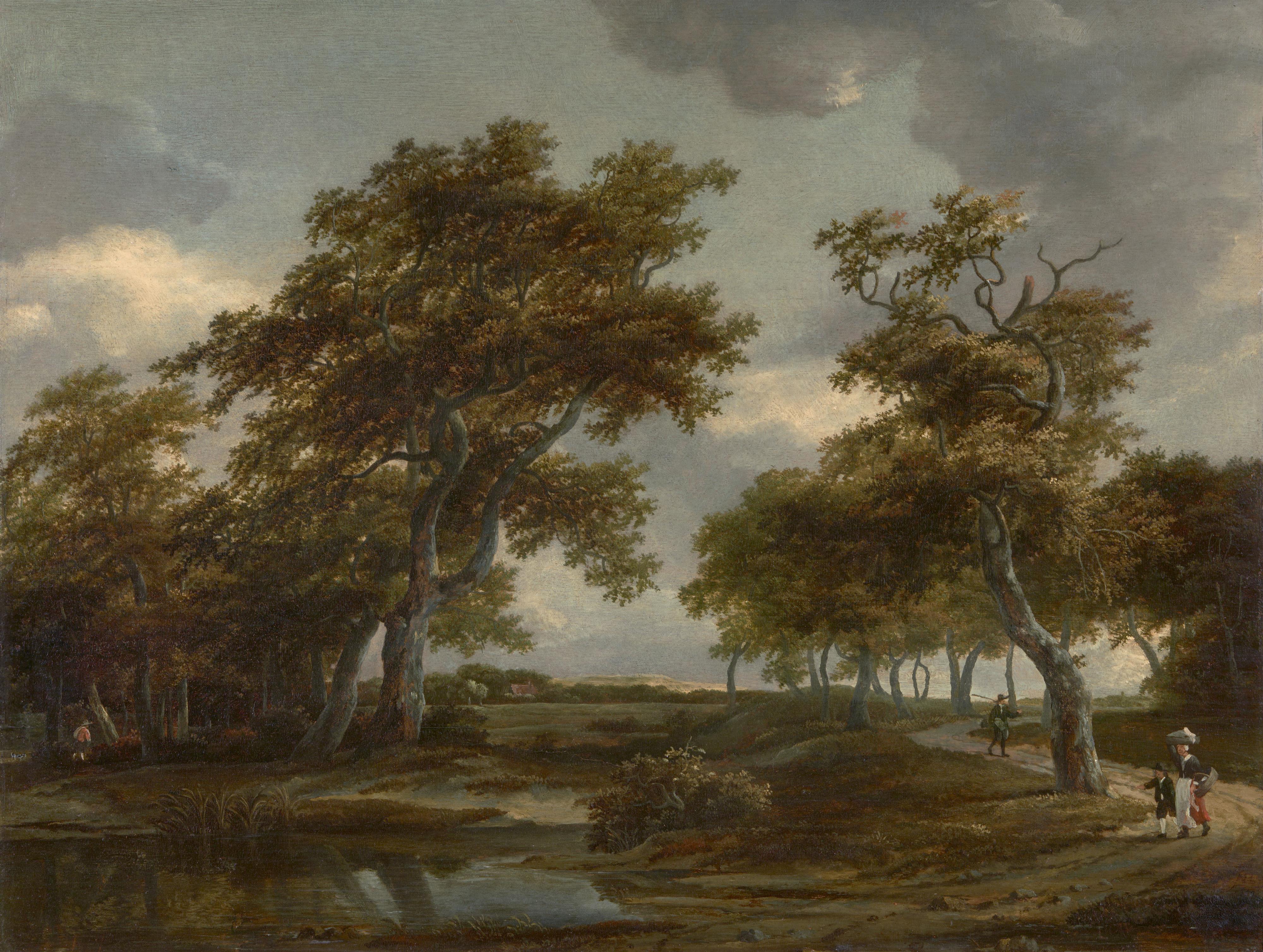 Meindert Hobbema - Wooded River Landscape with Figures on a Path - image-1