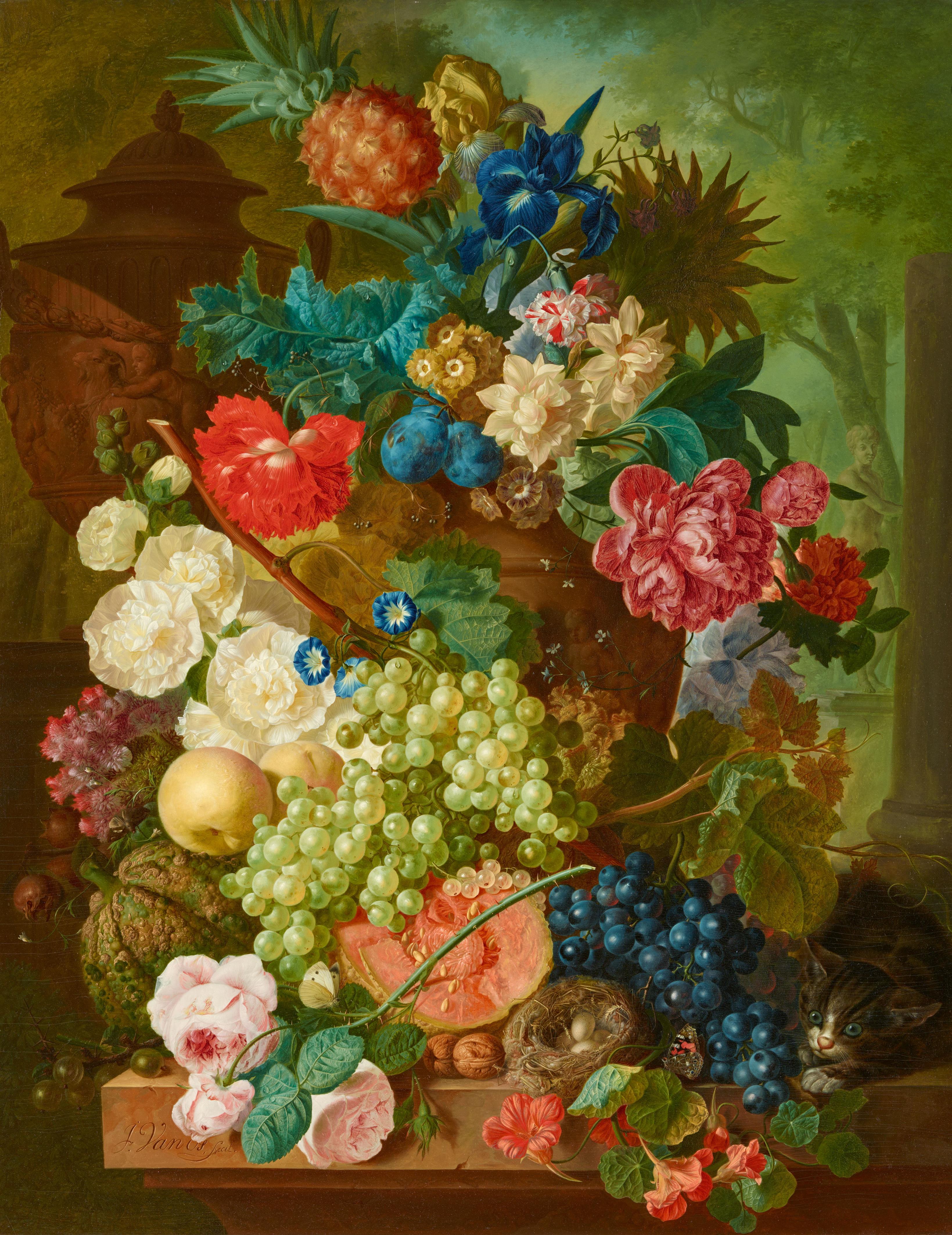 Jan van Os - Flowers and Fruit on a stone Plinth - image-1