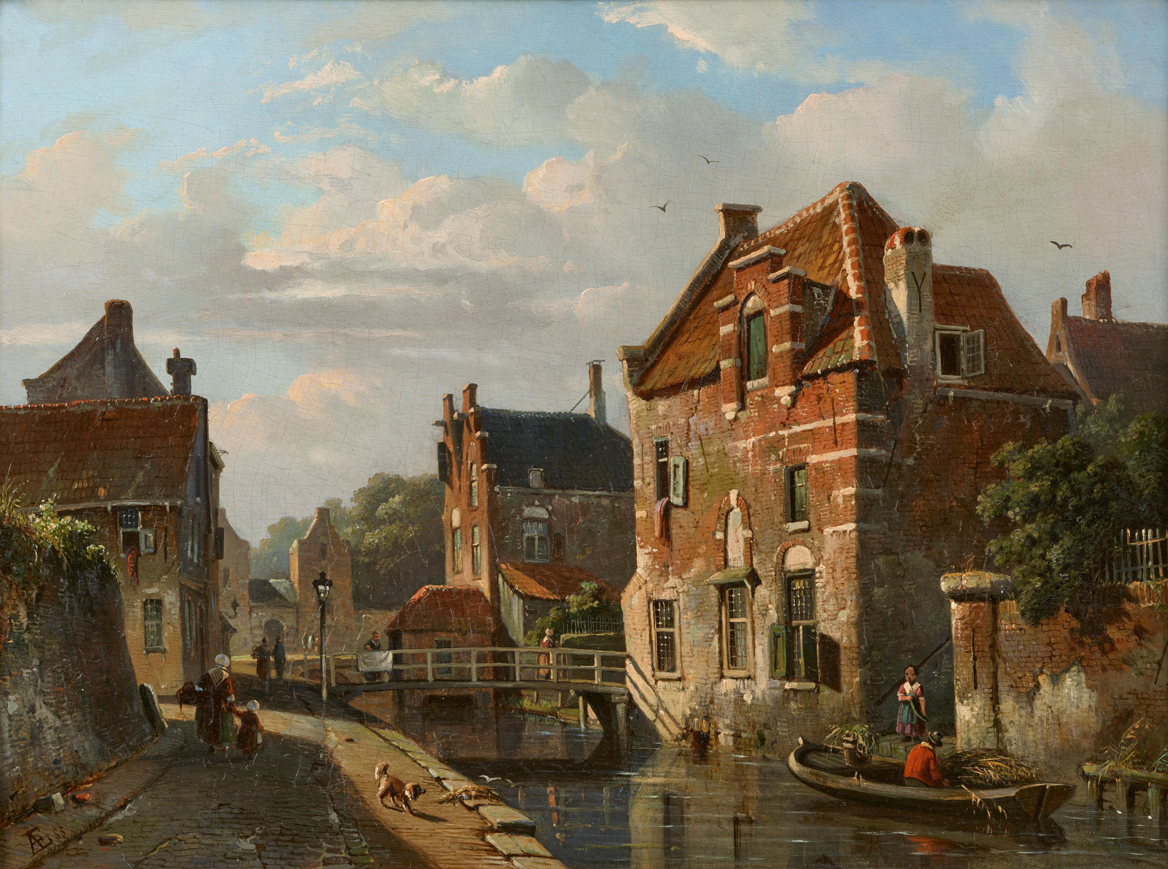 Adrianus Eversen - Paar Gemälde: Sommerliche Stadtansicht mit einem Heuwagen und vielen Figuren
Holländische Kanalszene mit Figuren und einem Kahn - image-2