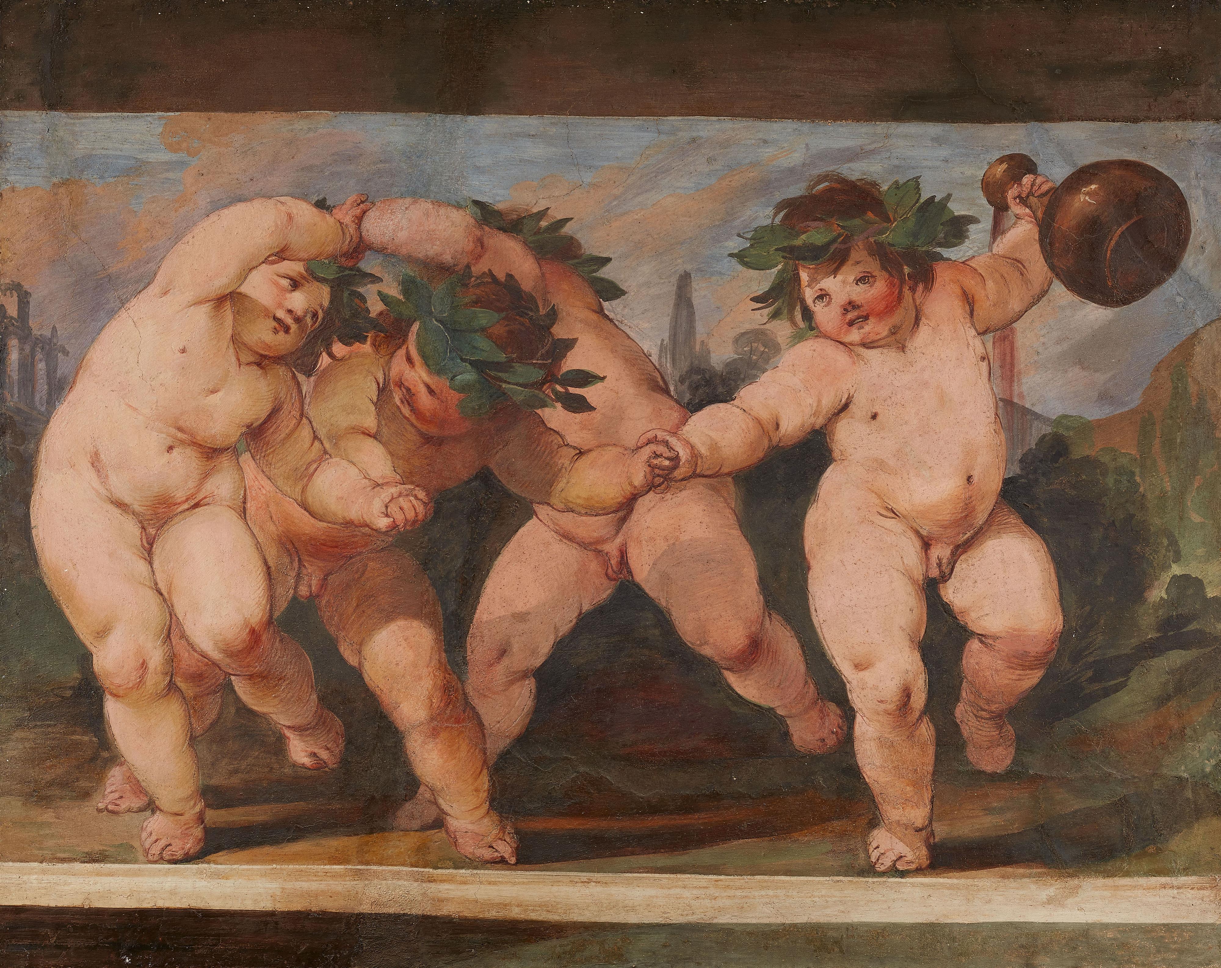 Lombardian School 17th century - Pair of detatched frescoes with Bacchus and putti - image-1