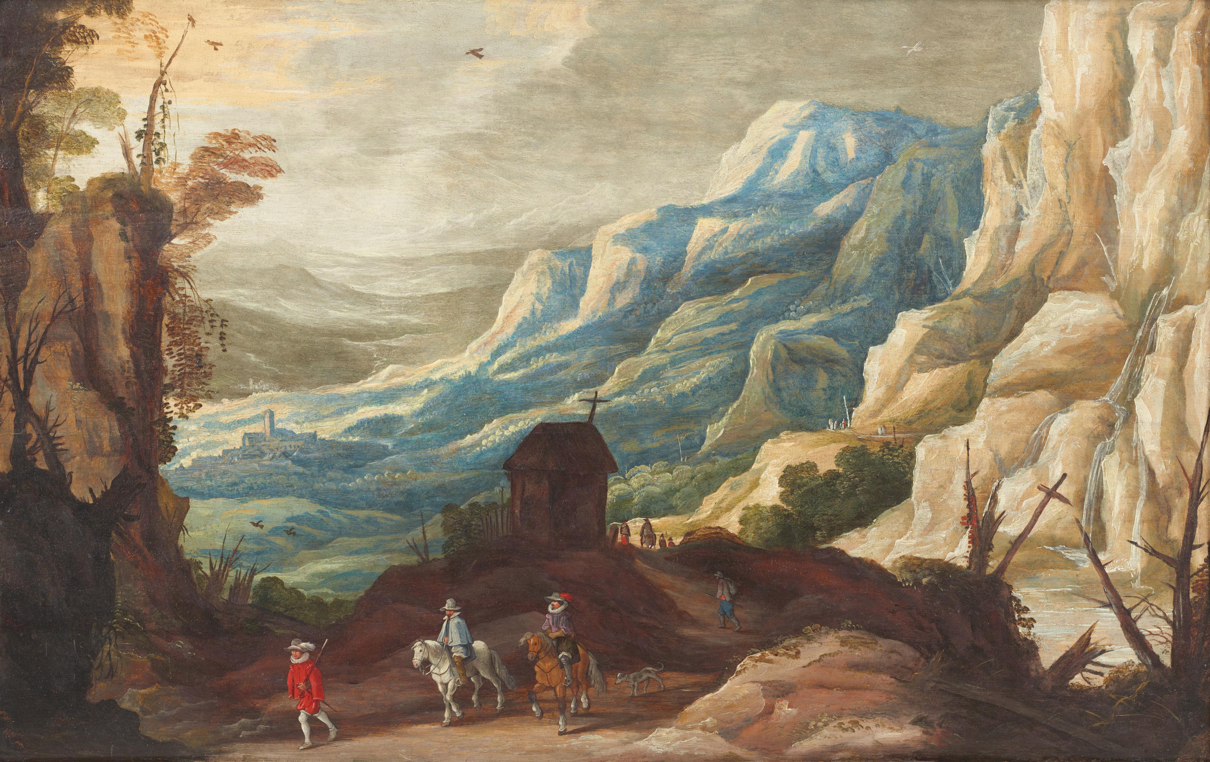 Joos de Momper - Bergige Landschaft mit Reisenden im Vordergrund - image-1