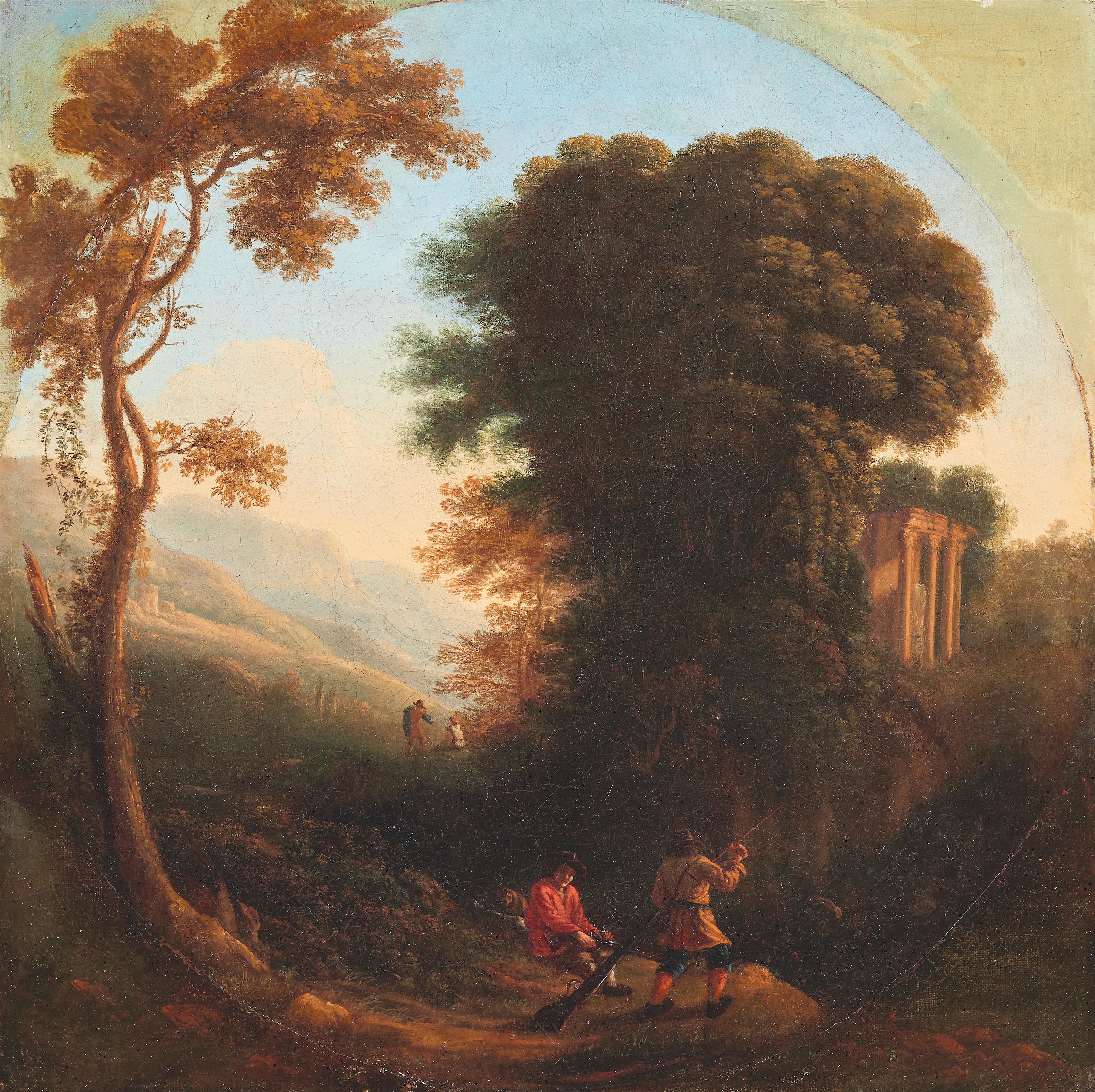 Jan Asselijn, zugeschrieben - Südliche Landschaft mit zwei Jägern und antiker Tempelruine - image-1