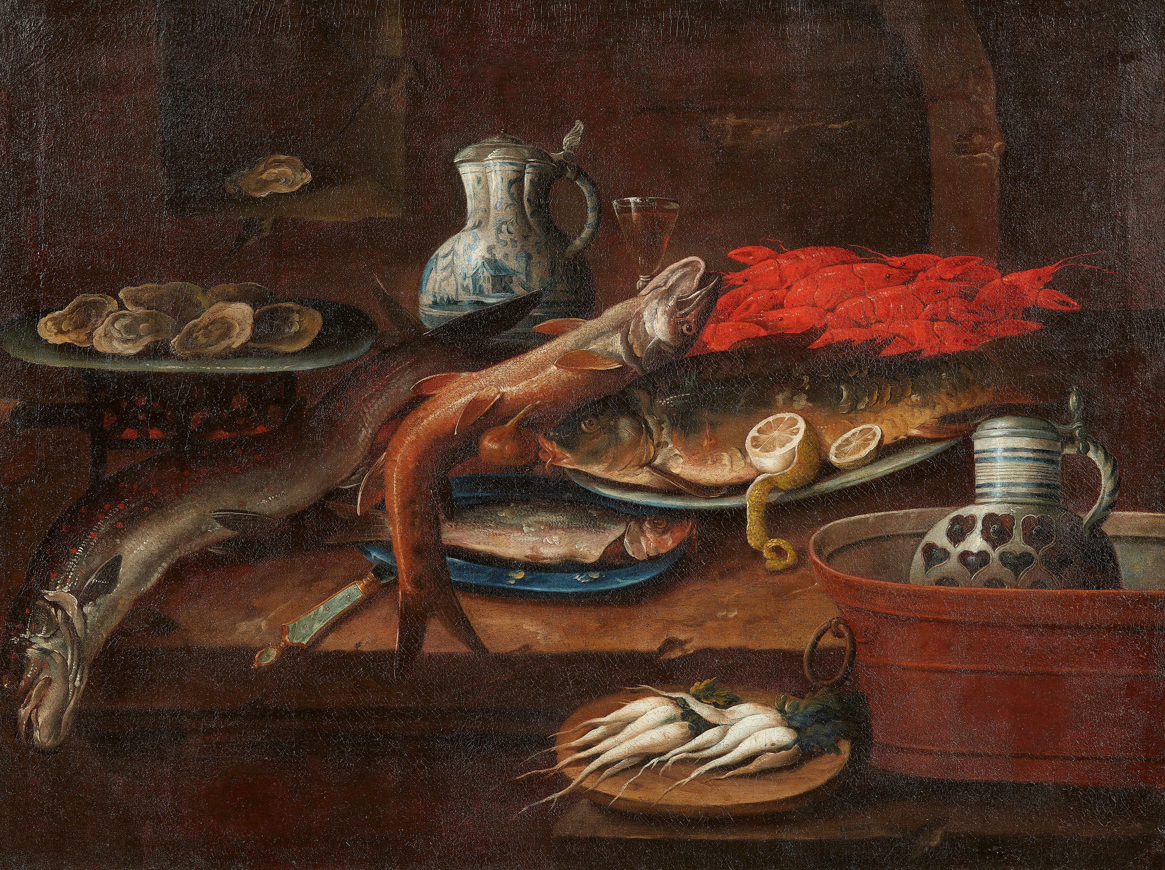 Hendrick Andriessen, attributed to - Still life with fish, seafood, clay jugs and a bowl of white turnips - image-1
