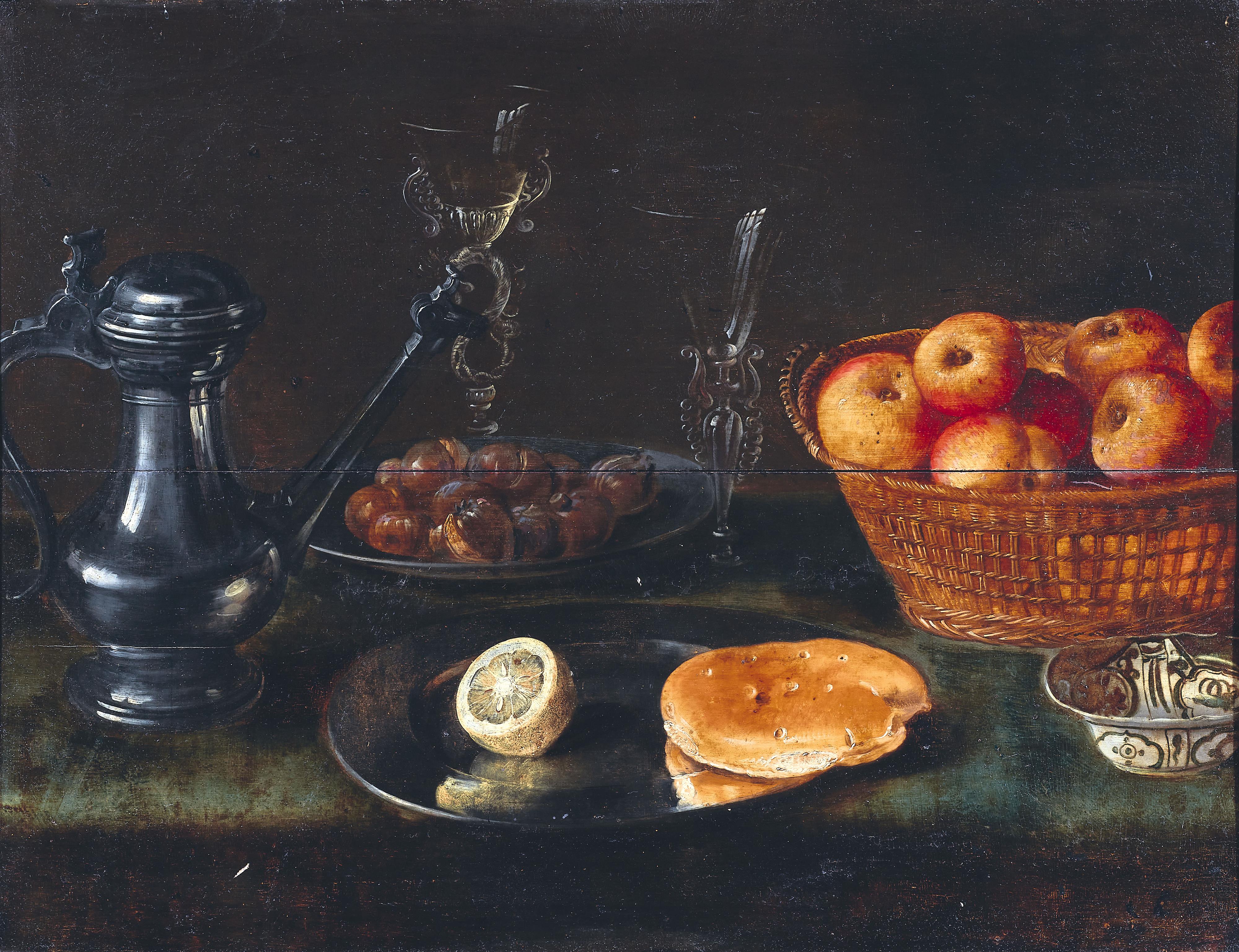 Holländischer Meister des 17. Jahrhunderts - Stillleben mit Kanne, zwei venezianischen Flügelgläsern, Teller mit Brot und Zitrone sowie einem Korb mit Äpfeln - image-1
