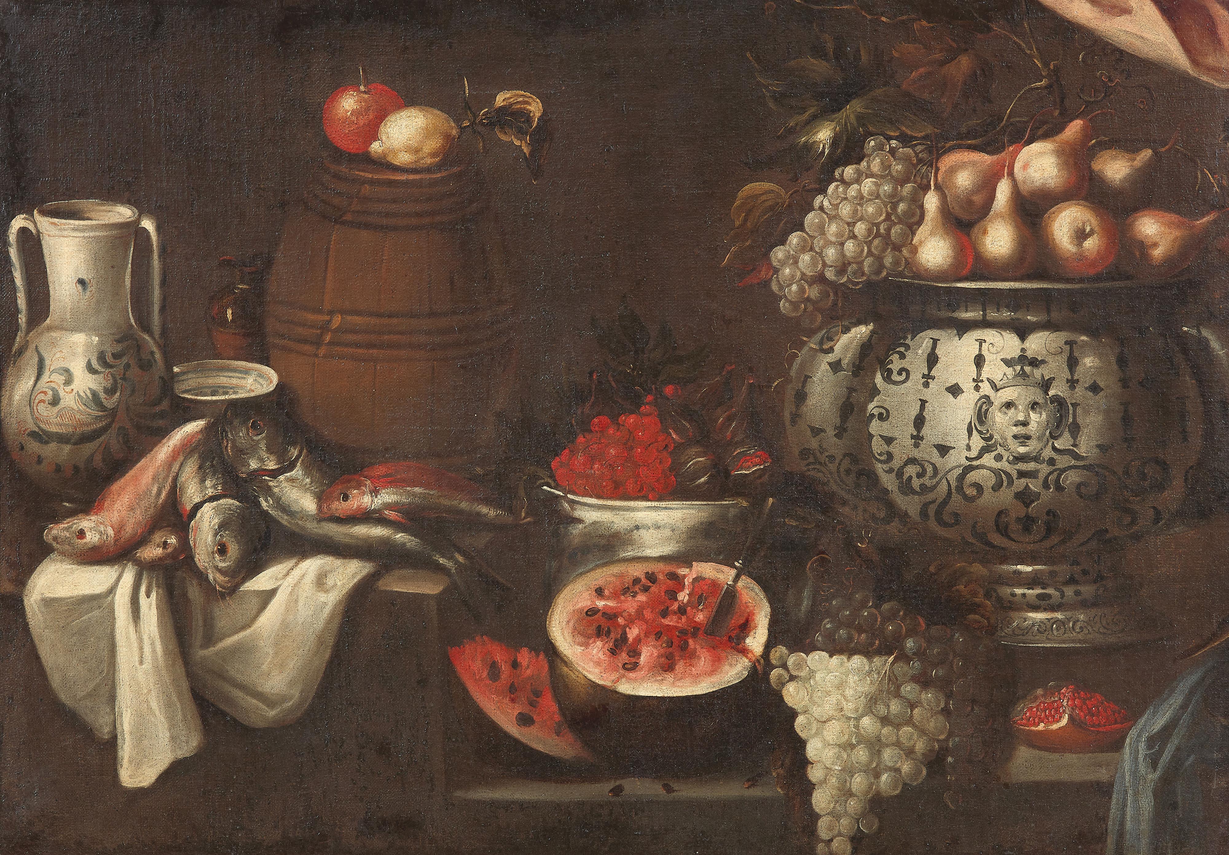 Spanish School 17th Century - Still life with Fruit, Ceramic Vessels and a Small Wooden Barrel - image-1