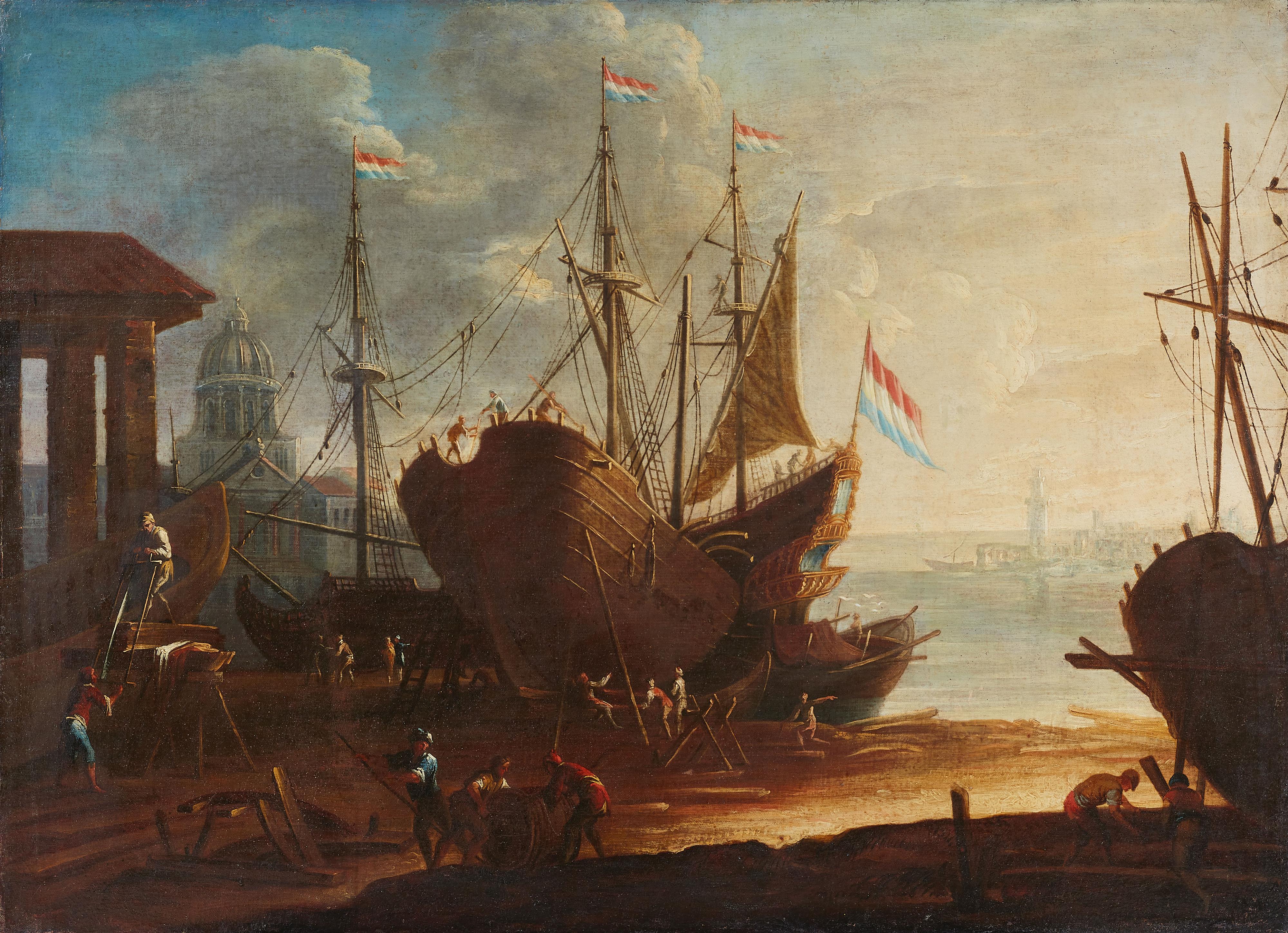 Adrian van der Cabel, circle of - Southern Harbour with Ship Builders - image-1
