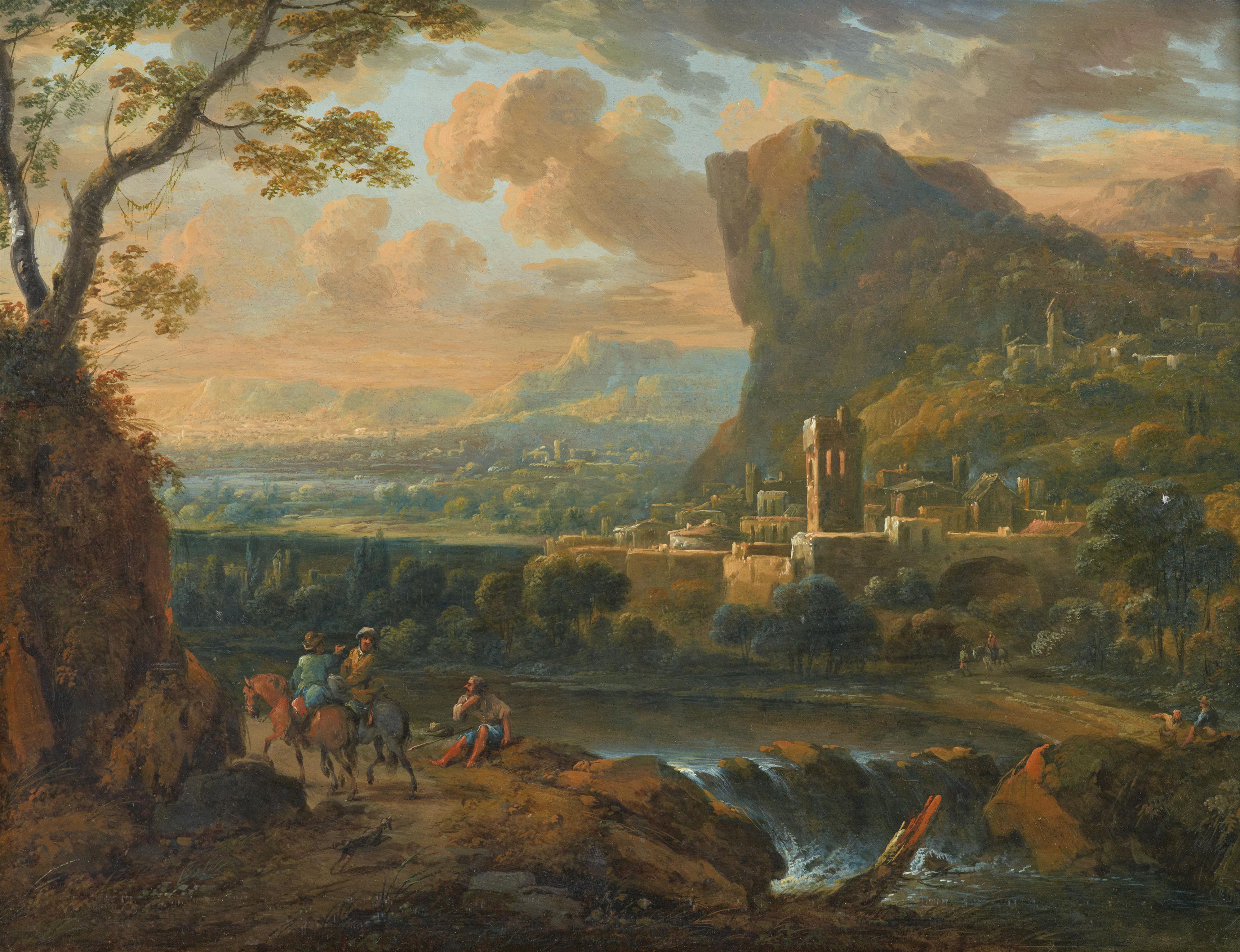 Johann Graf - Südliche Landschaft mit Wasserfall und Ortschaft, Reitern und einem Bettler - image-1