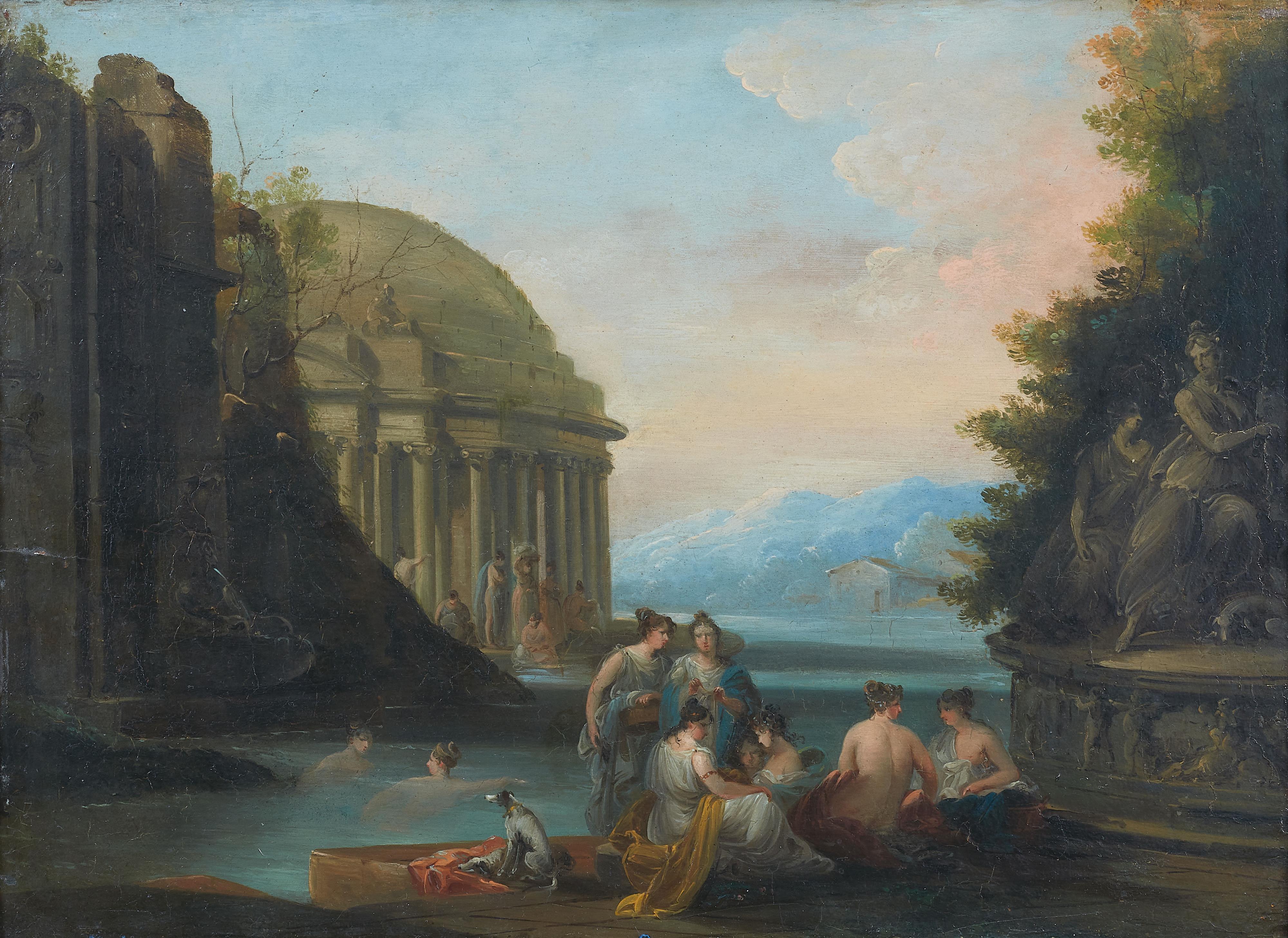 French School 18th century - Capriccio with Figures Bathing - image-1