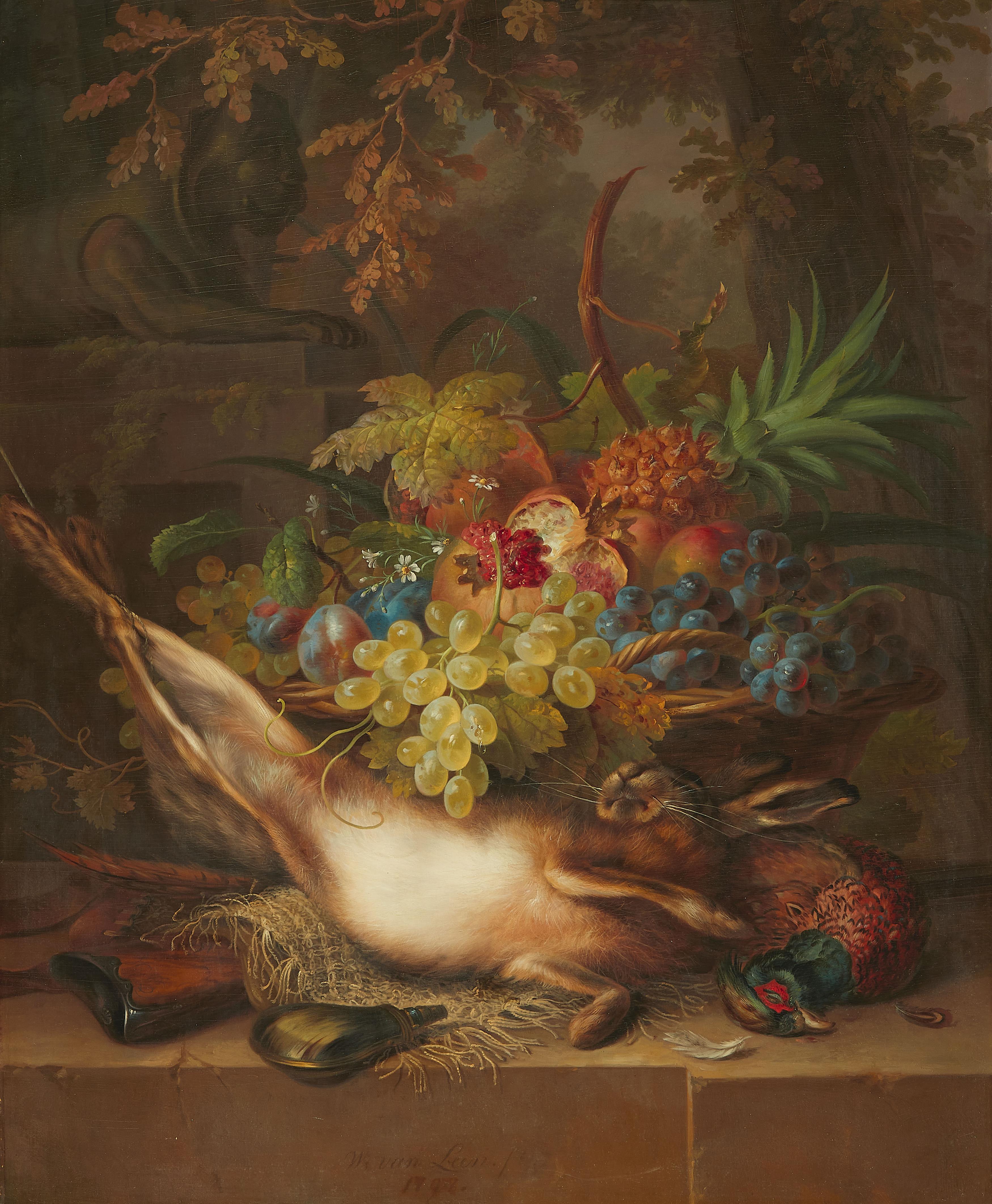 Willem van Leen - Jagdstillleben mit Früchten und Steinskulptur unter einer Eiche - image-1