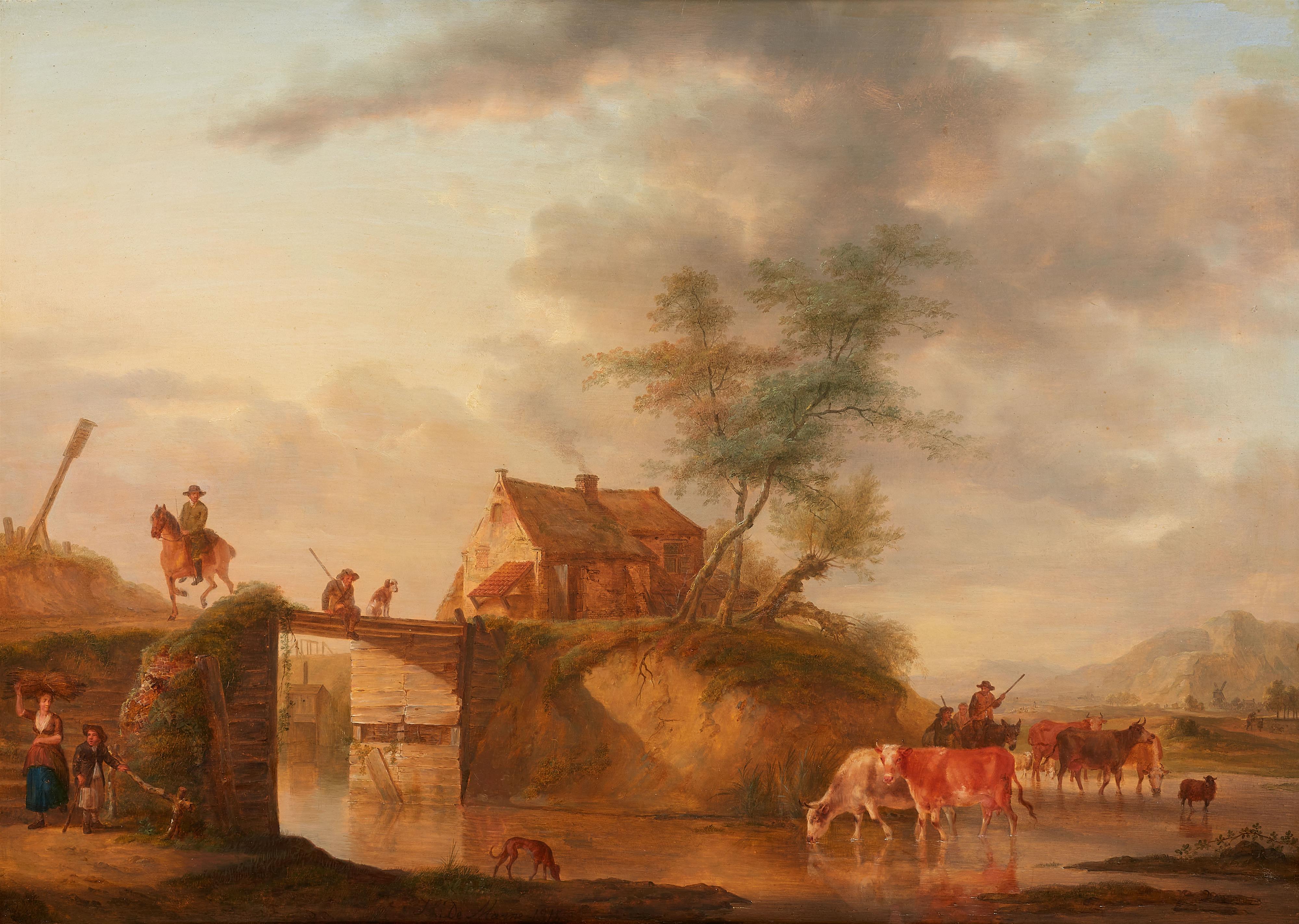 Jean Louis Demarne - Landscape with river, bridge, farmhouse and herd of cattle - image-1
