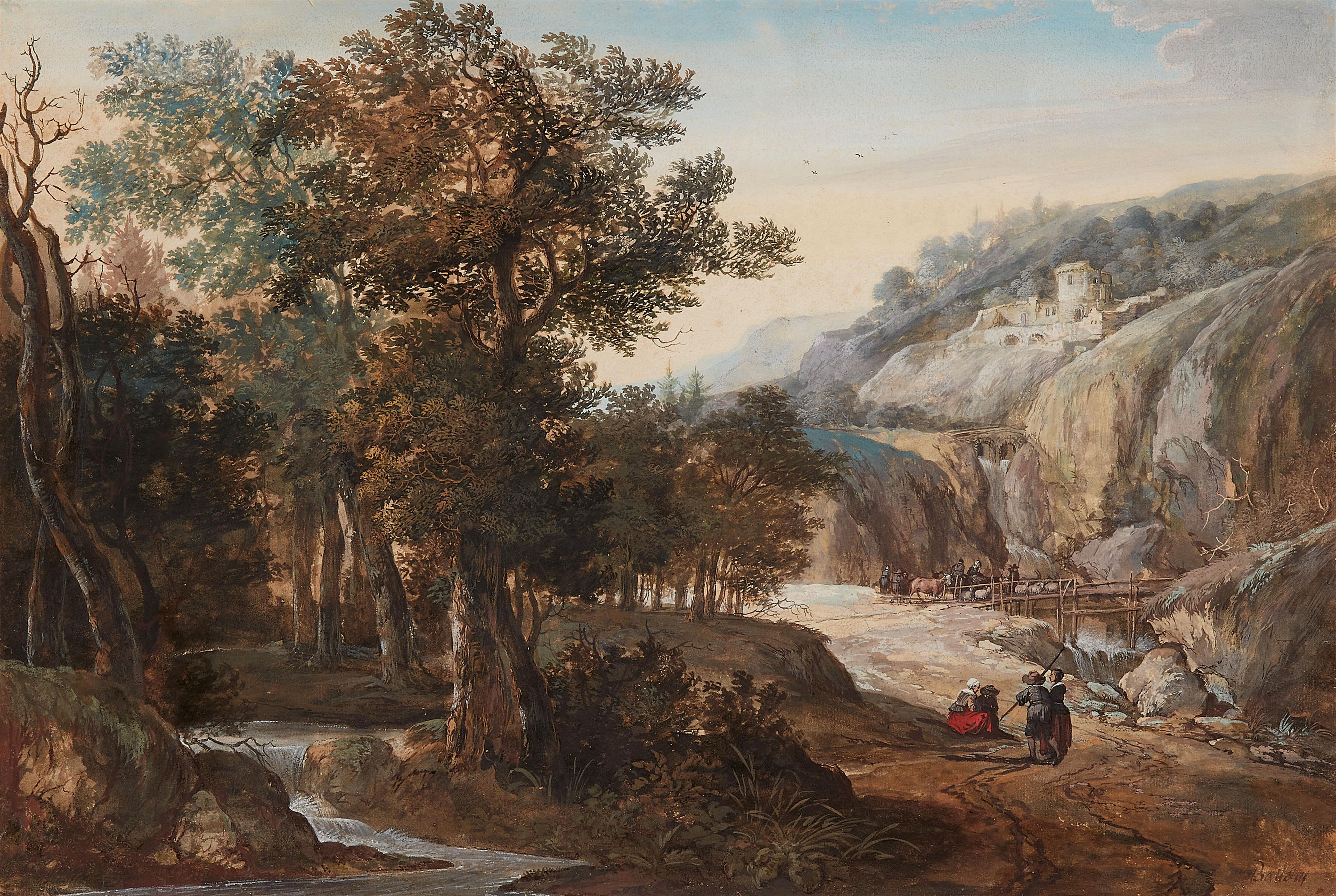 Gerrit van Battem - Landschaft mit Gebirgsbach und Brücke - image-1
