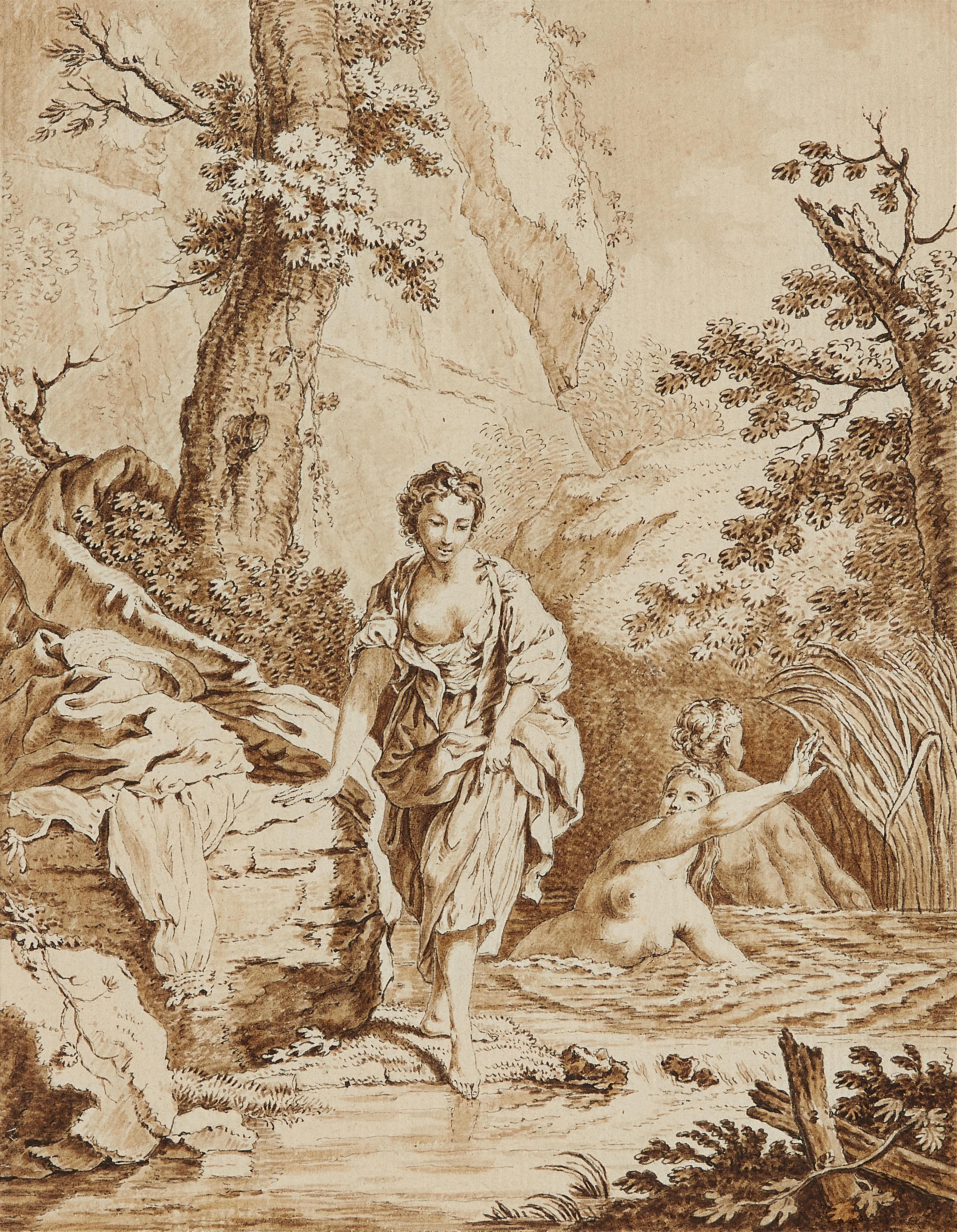 Johann Heinrich Tischbein the Elder - Landscape with Mountain Stream and Bathing Women - image-1