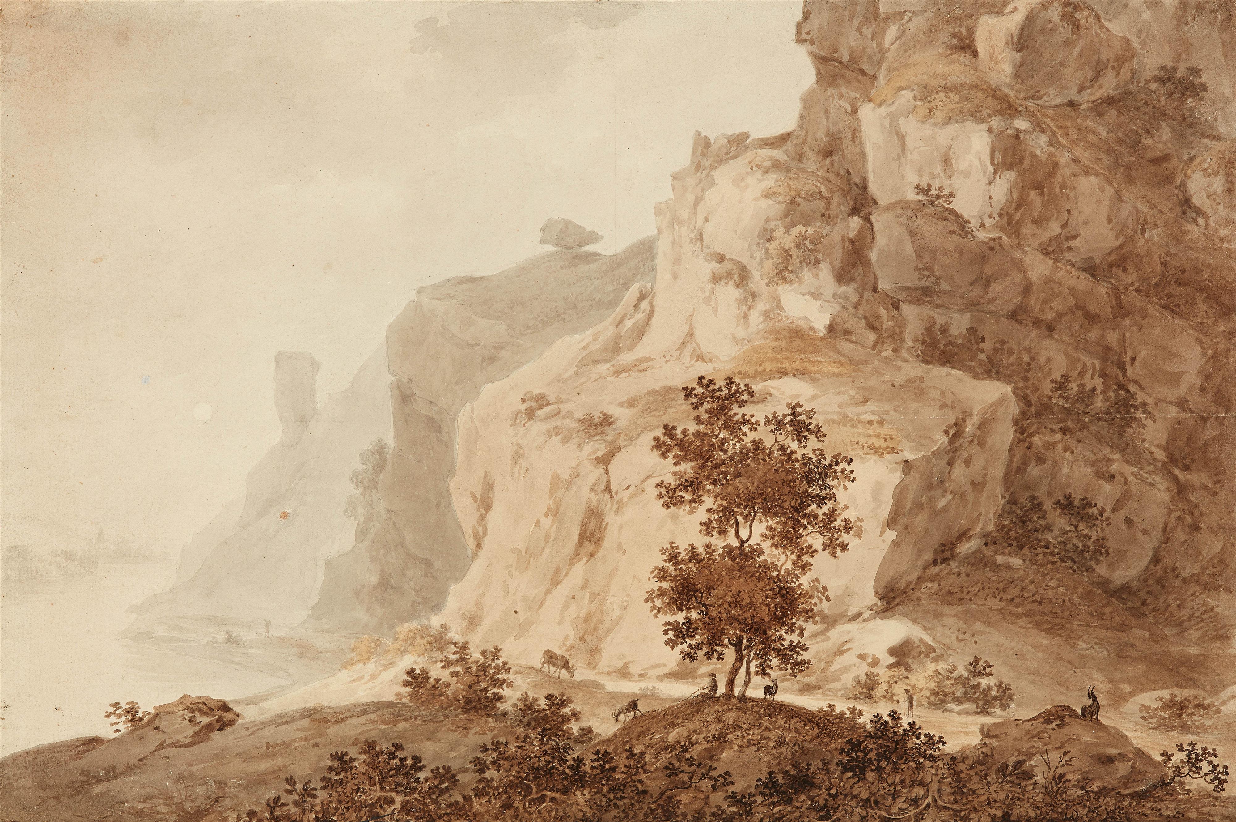 German School around 1800 - River Landscape with Rocky Cliffs and a Goatherd - image-1