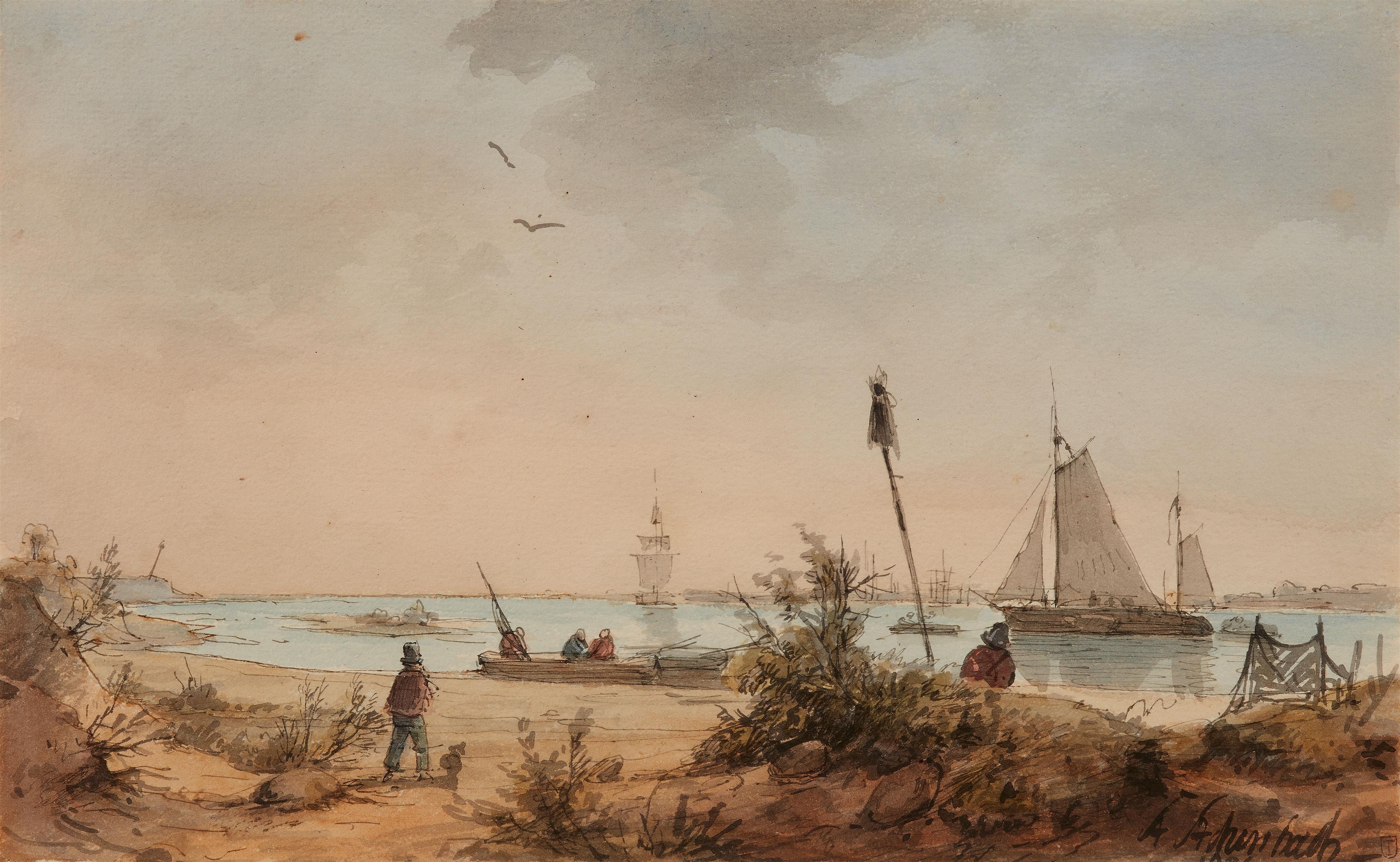 Andreas Achenbach - Coastal Landscape with Fishermen and Sailing Ships in the Distance - image-1