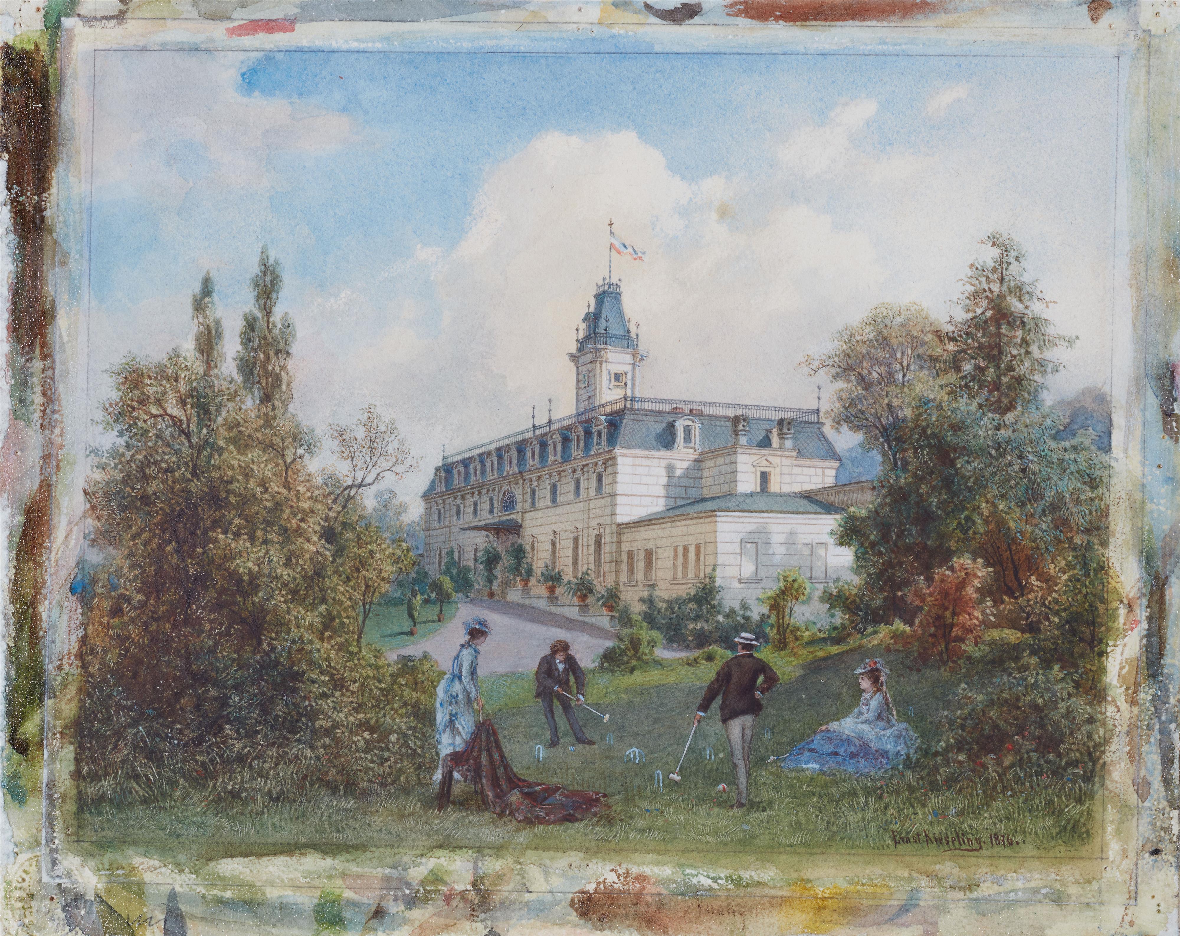 Kiesling, Ernst - Two Couples Playing Croquet on the Lawn in front of a Castle - image-1