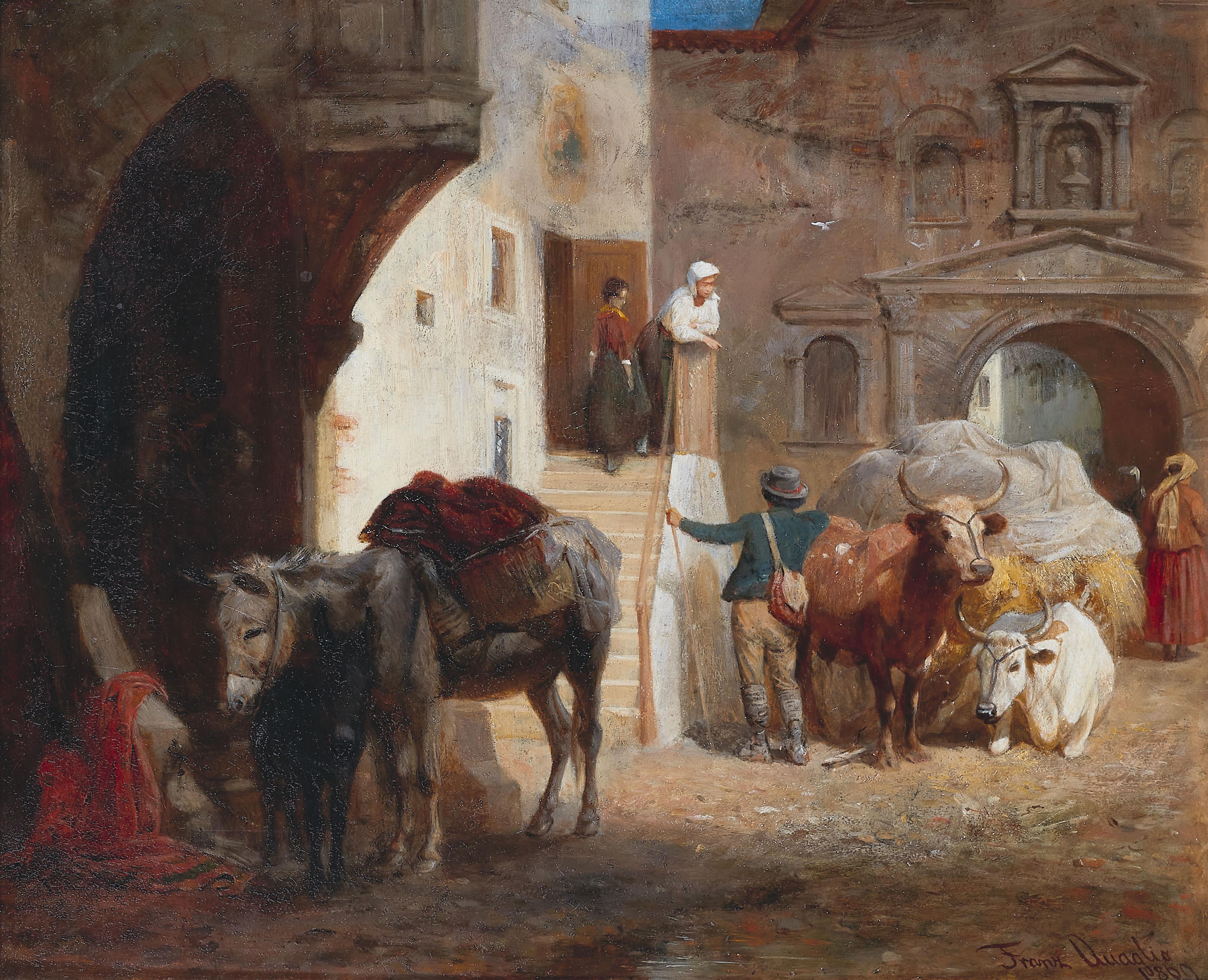 Franz Quaglio - Southern Street Scene with a Mule and an Oxcart - image-1