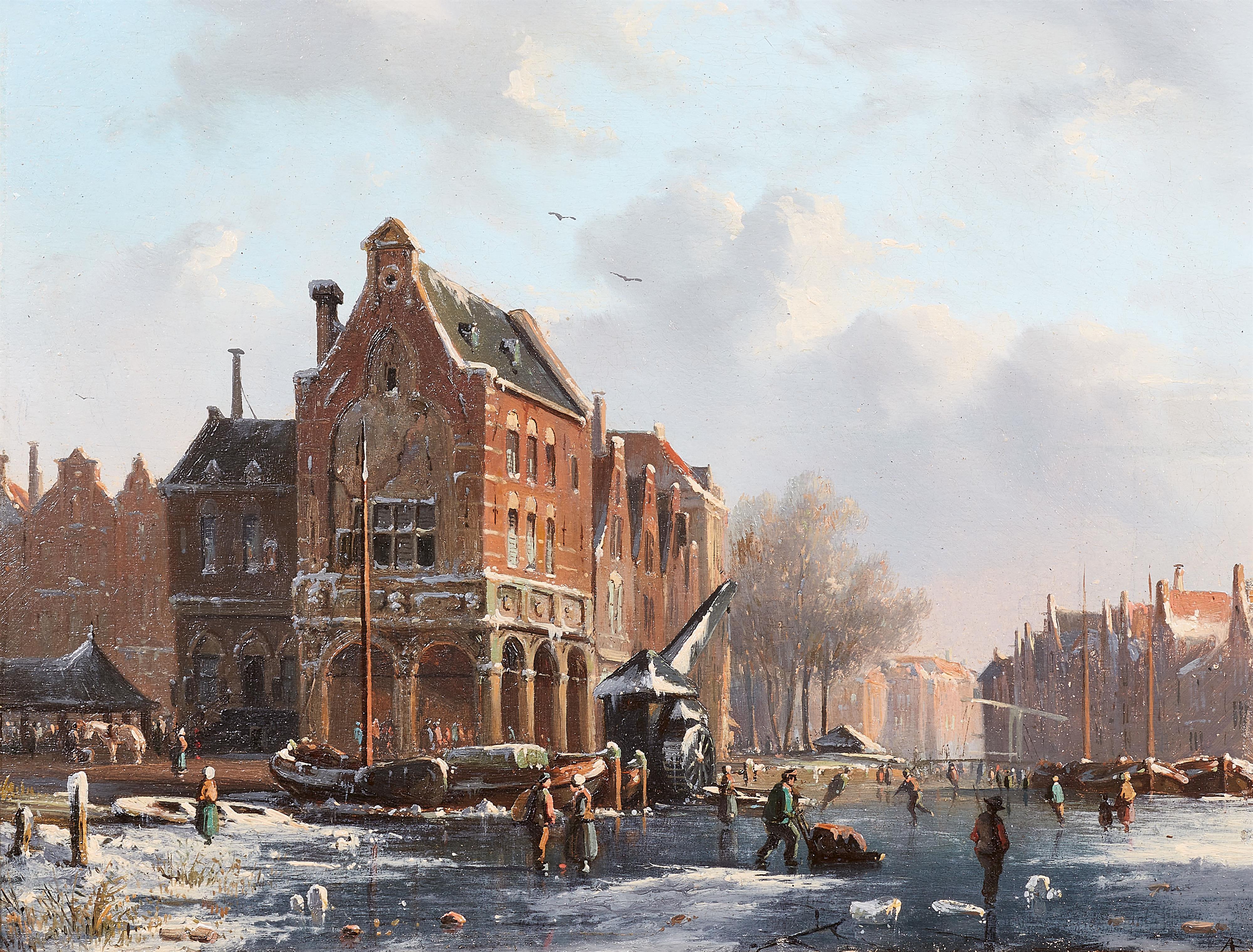 Adrianus Eversen - Zugefrorener Kanal in einer holländischen Stadt - image-1