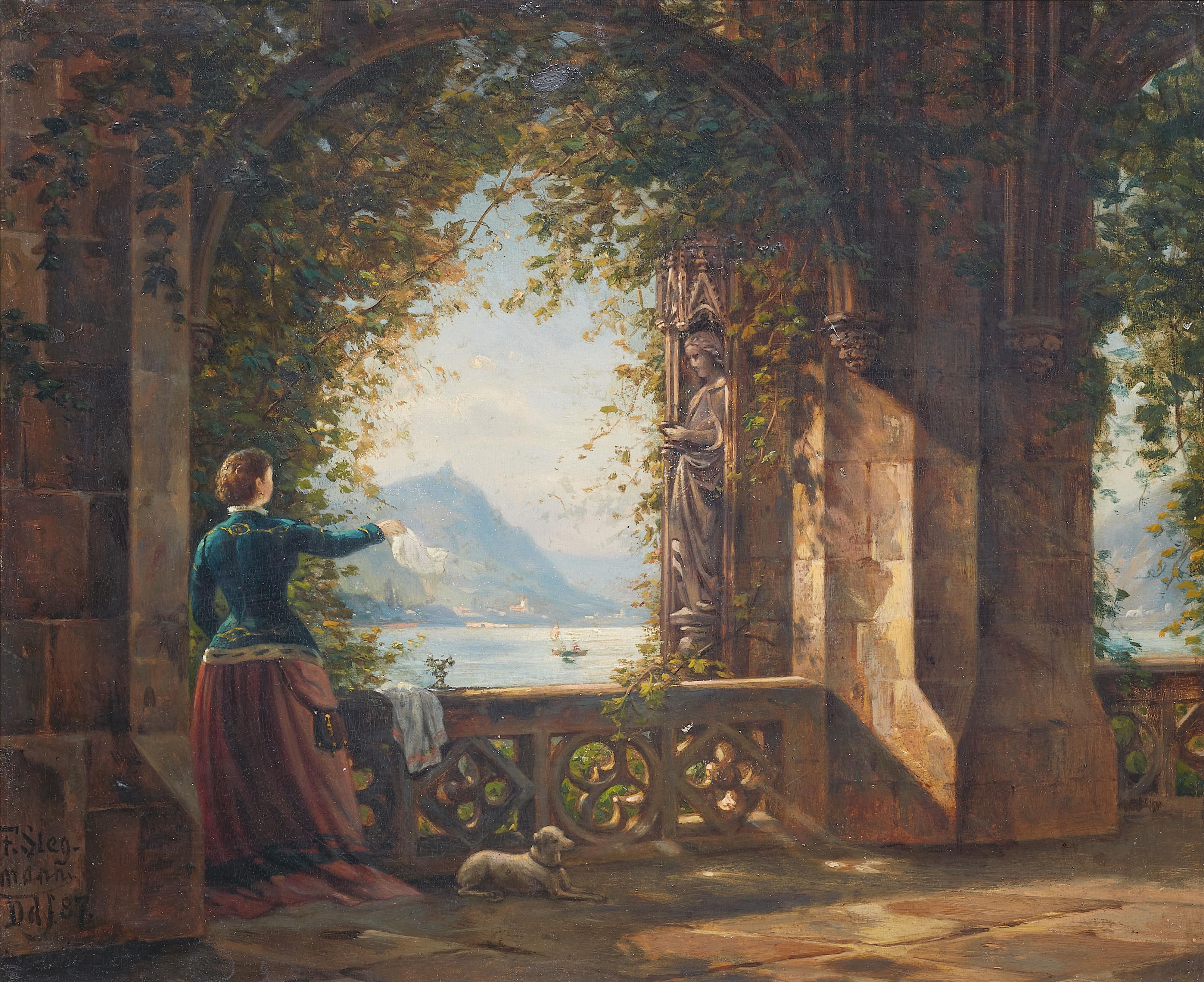 Franz Stegmann - The Farewell. Rhine Landscape with a Woman waving on a Balcony - image-1