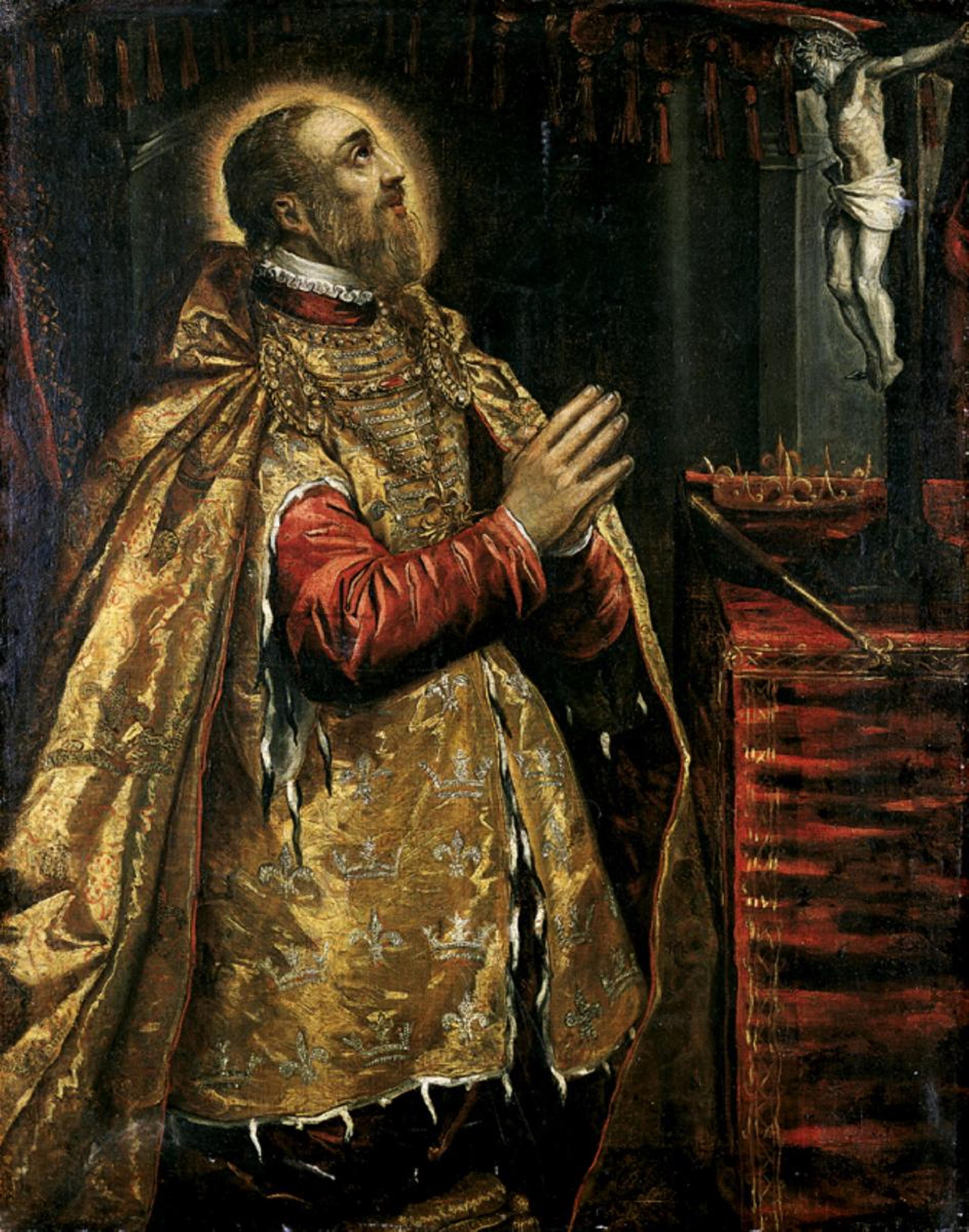 Domenico Tintoretto, Werkstatt - DER HL. LUDWIG VON FRANKREICH VOR DEM KRUZIFIX KNIEND. - image-1