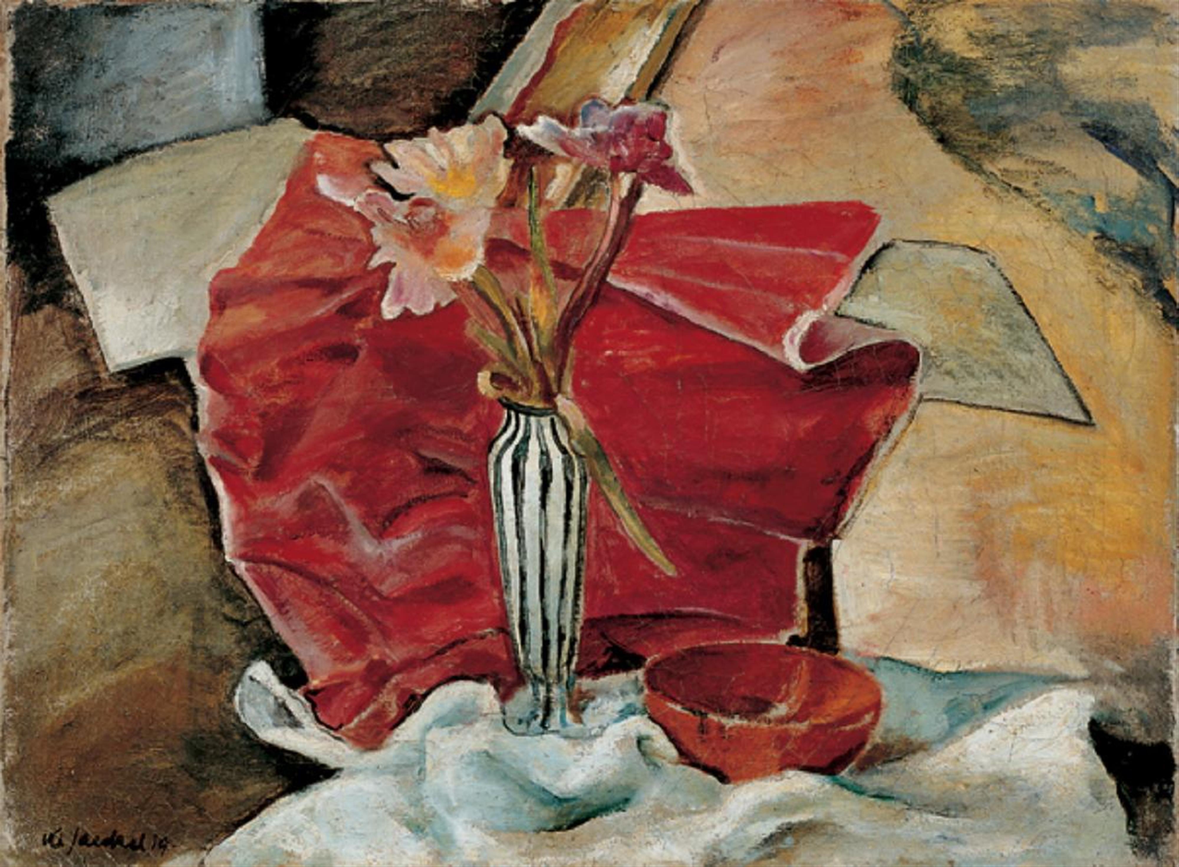 Willy Jaeckel - Stilleben mit Blumenvase vor rotem Tuch - image-1