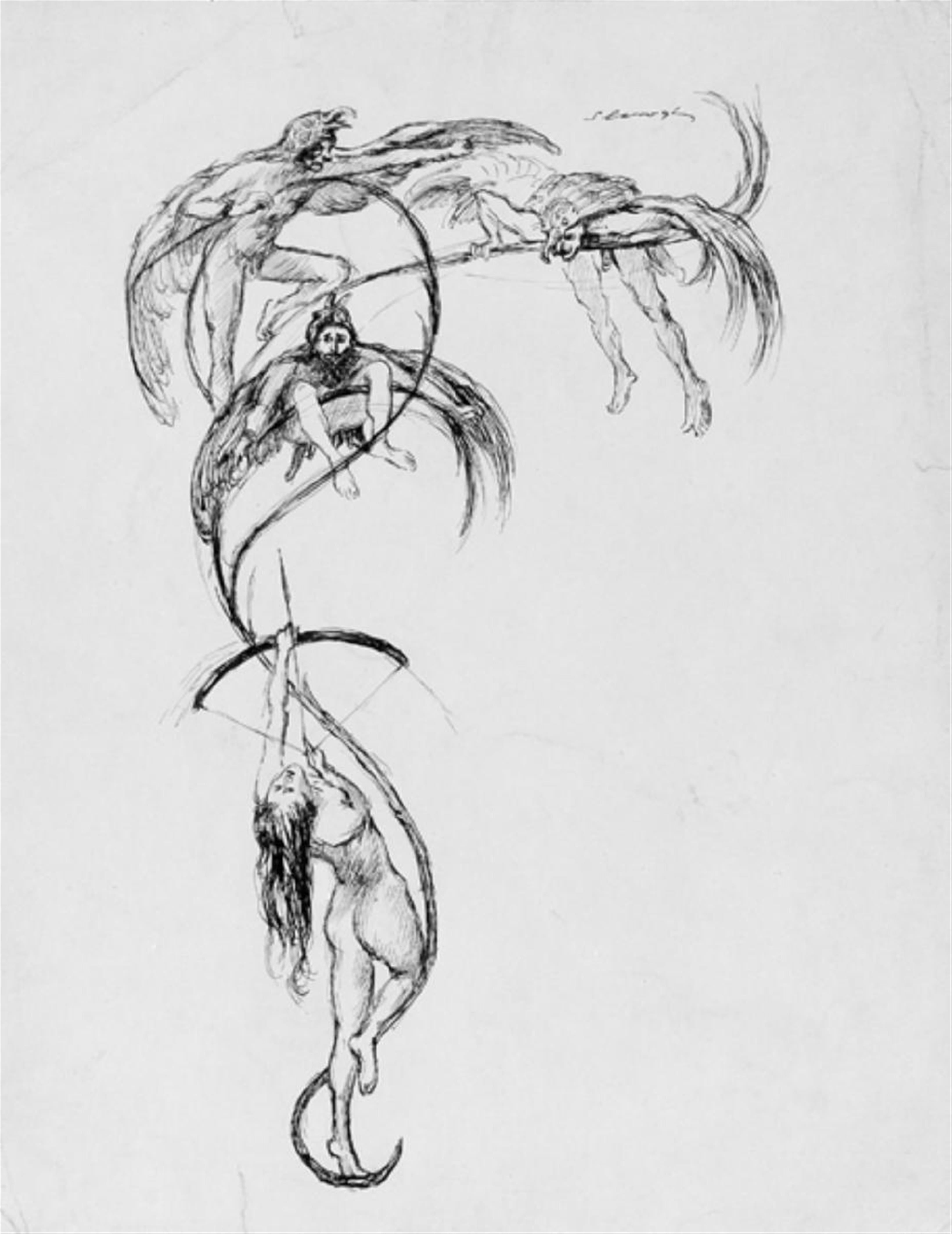 Max Slevogt - Karikatur (Faun und Nymphe). Arabeske (Eine Frau jagt Menschen mit Vogelmasken) - image-1