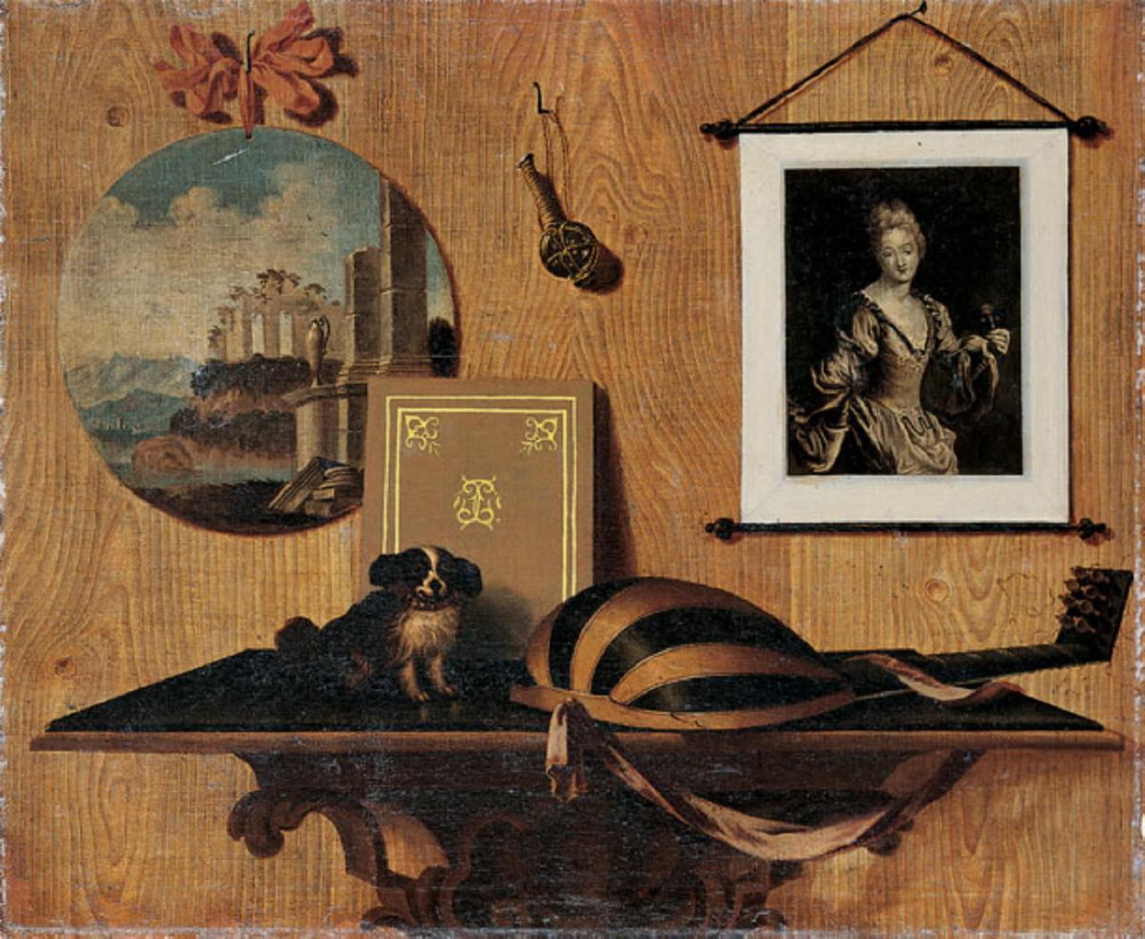 Pierre Nicolas Huilliot, Umkreis - TROMPE-L'OEIL-STILLEBEN mit einer Laute und einem Hündchen auf einem Konsoltisch. - image-1