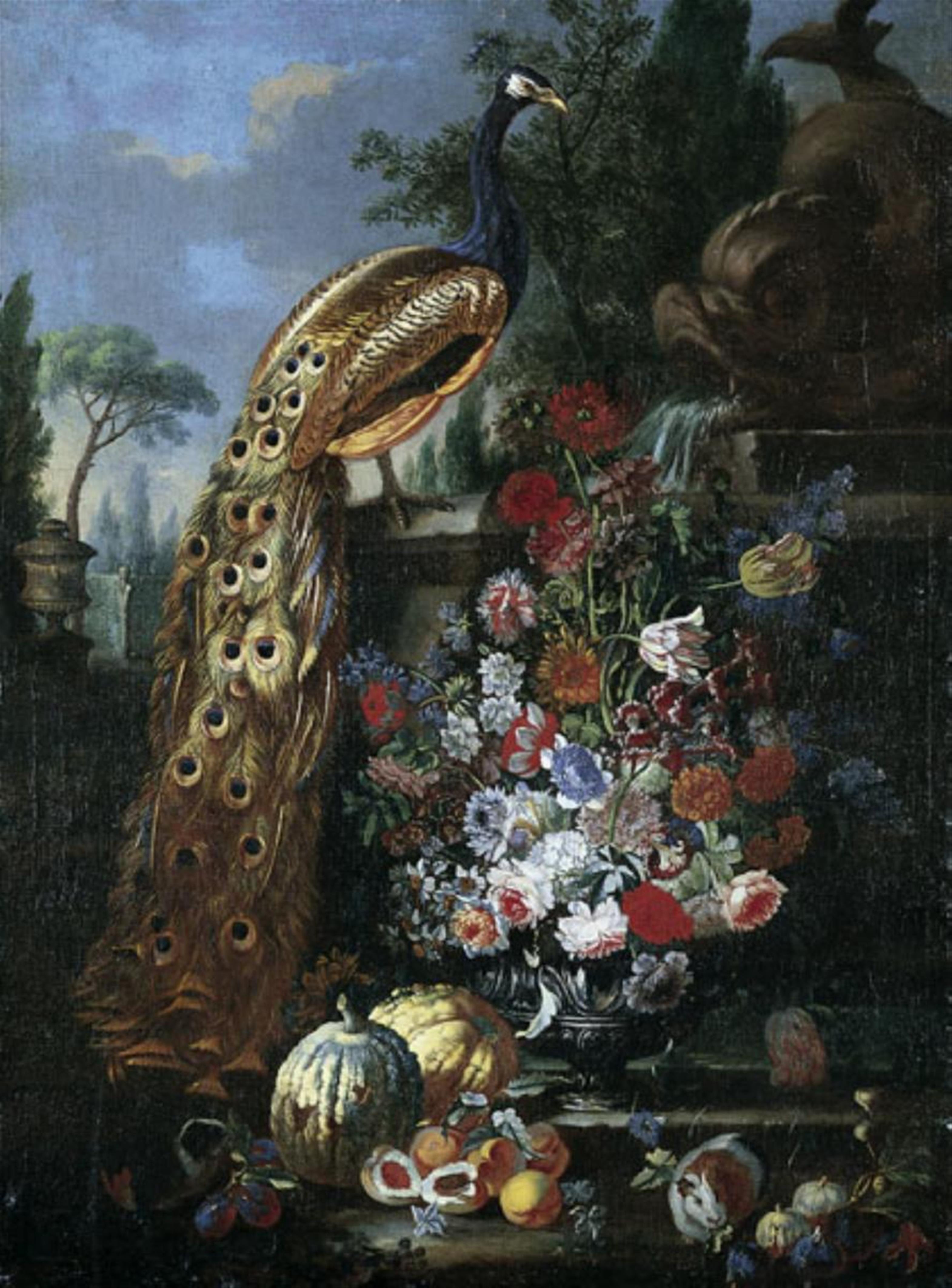 Römischer Meister des 17. Jahrhunderts - GIOVANNI PAOLO CASTELLI, GEN. LO SPADINO ZWEI BLUMEN- UND FRÜCHTESTILLEBEN MIT PFAUEN, MEERSCHWEINCHEN UND SCHILDKRÖTEN. - image-1