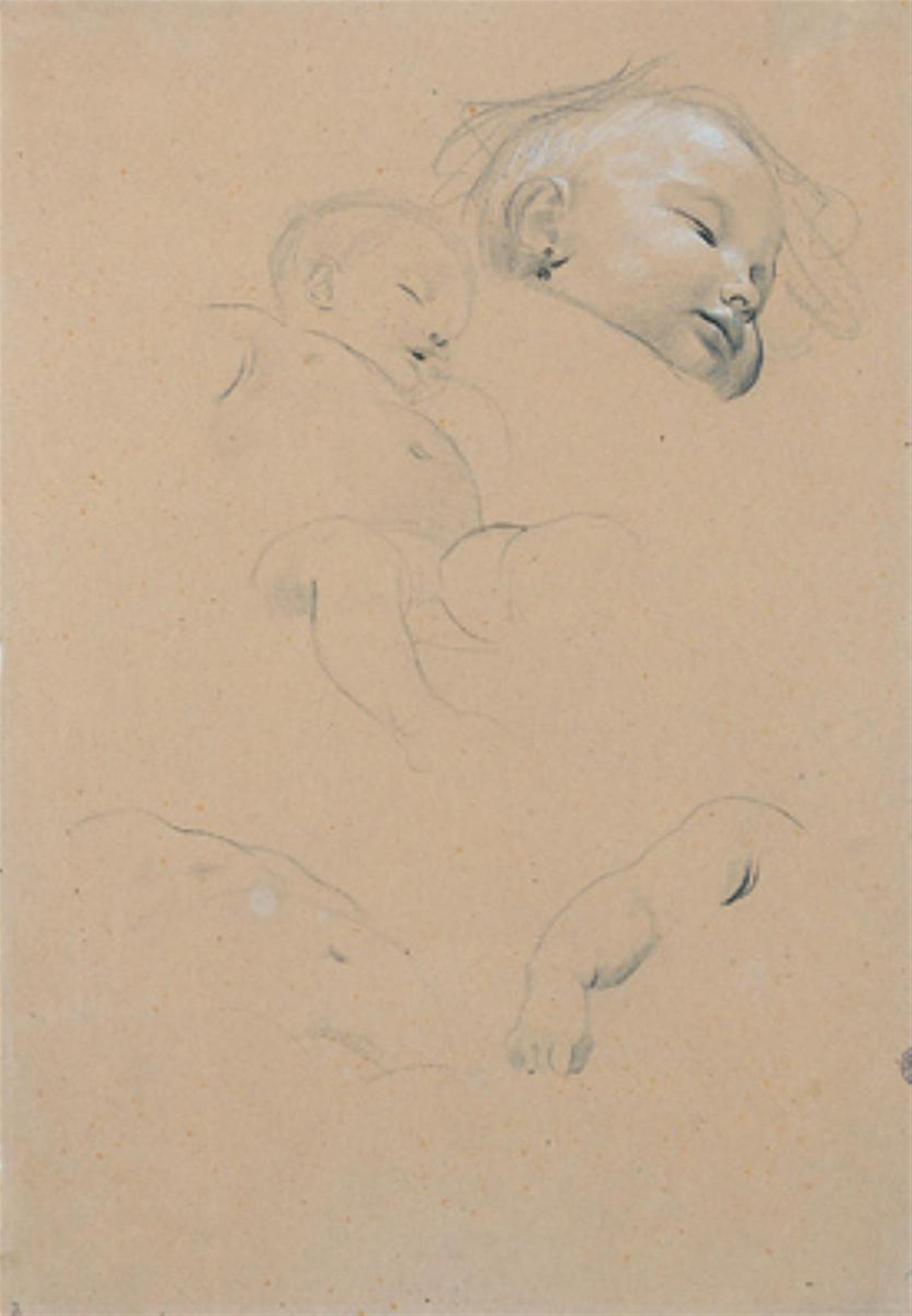 Gustav Klimt - Kopf- und Körperstudie eines schlafenden Kindes, nach rechts, Armstudie - image-1