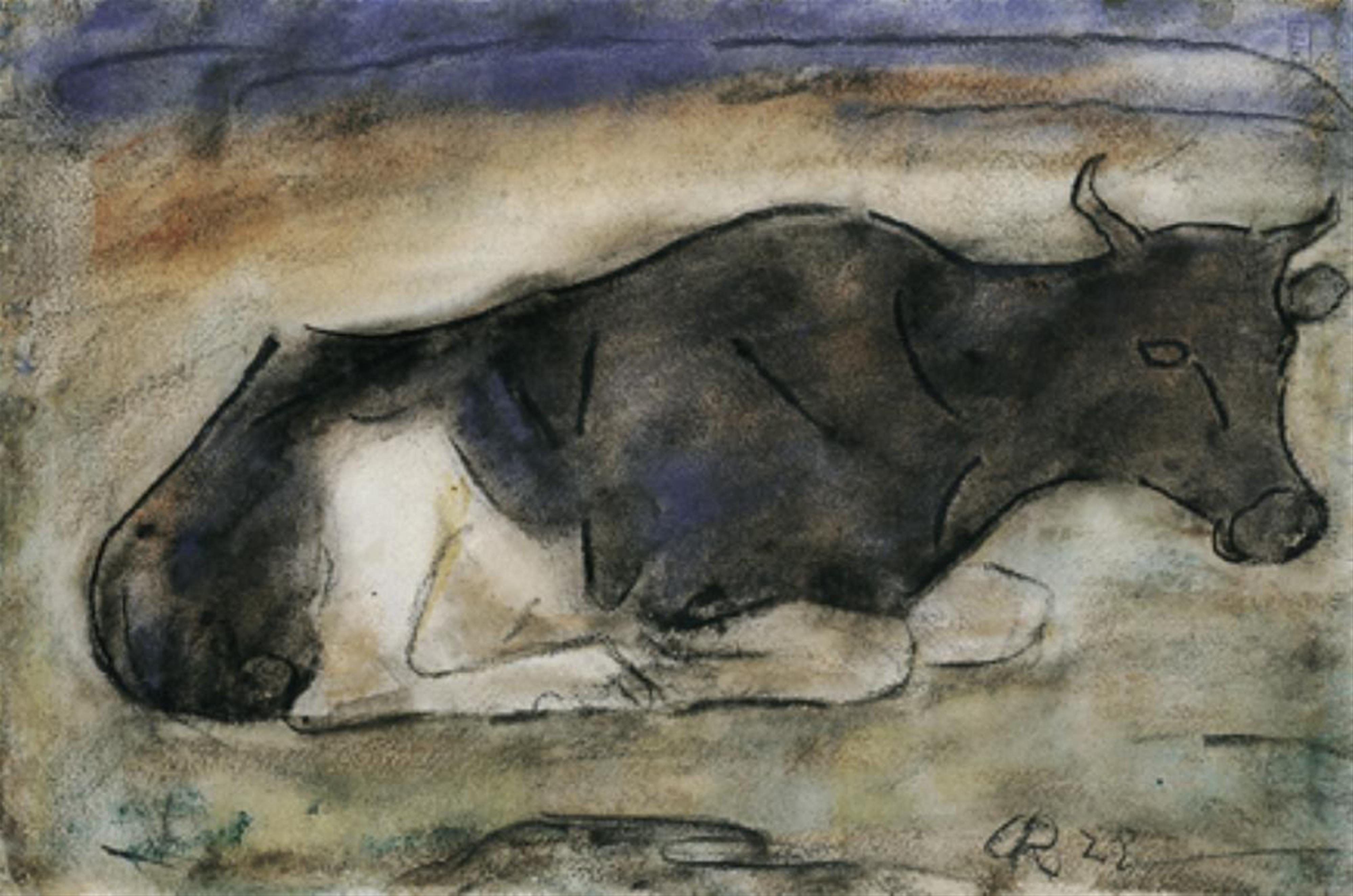 Christian Rohlfs - Liegende Kuh. Rückseitig: Margueriten - image-1