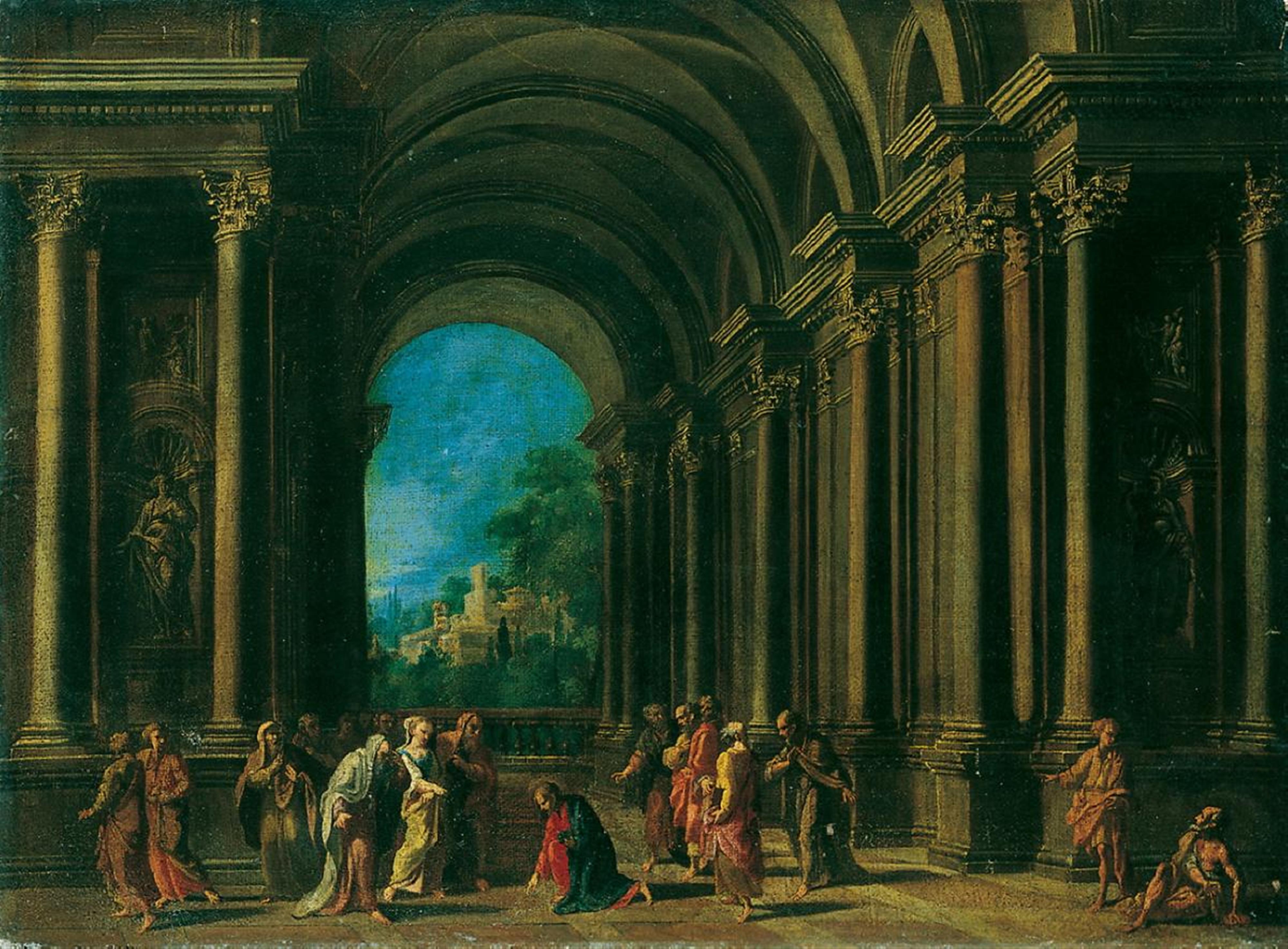 Giovanni Paolo Panini - ARCHITEKTURCAPRICCIO MIT BIBLISCHER STAFFAGE, Christus und die Ehebrecherin. - image-1