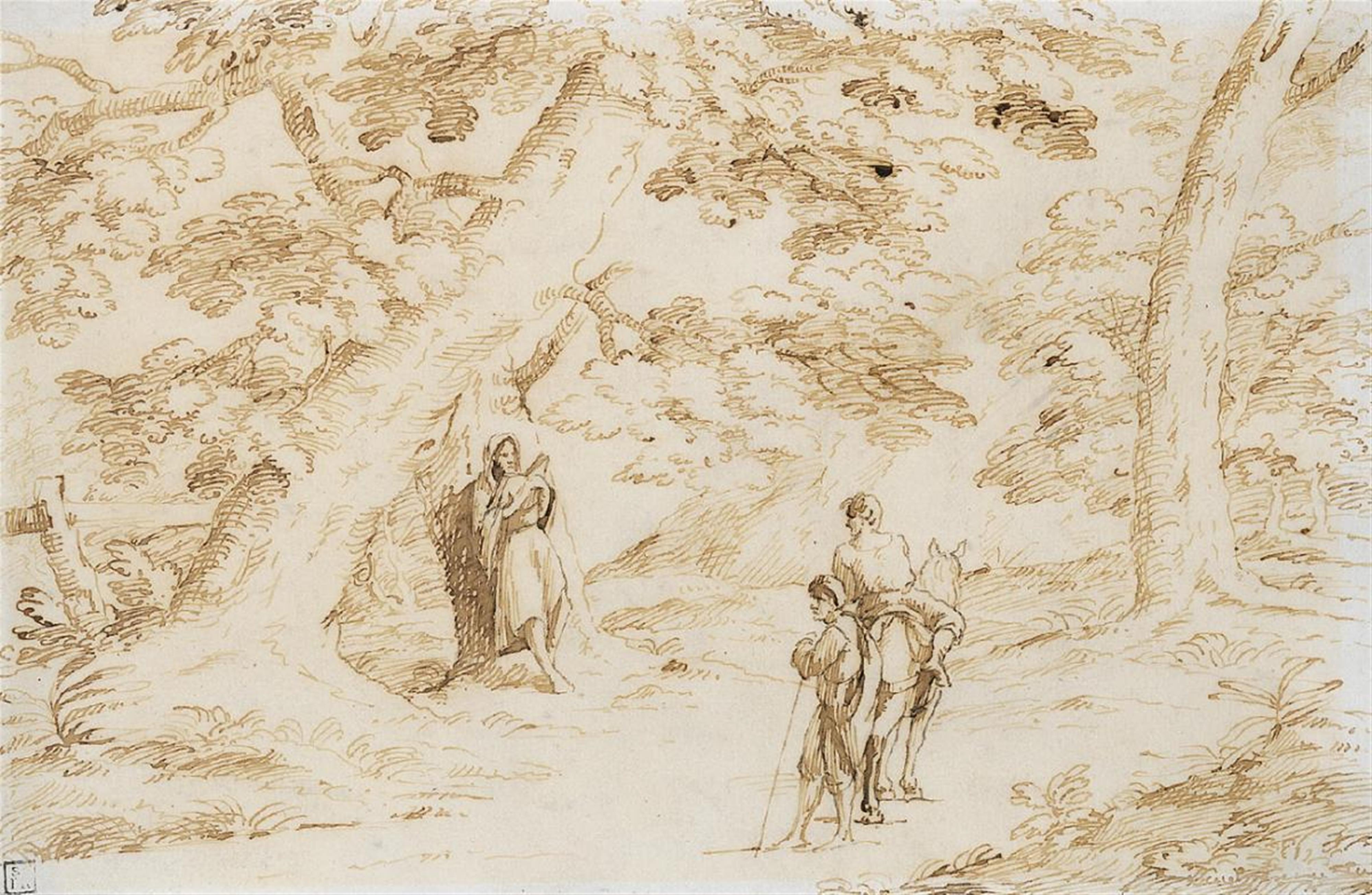 Giovanni Francesco Barbieri, genannt Il Guercino - BAUMBESTANDENE LANDSCHAFT MIT EINEM EREMITEN UND REISENDEN. - image-1