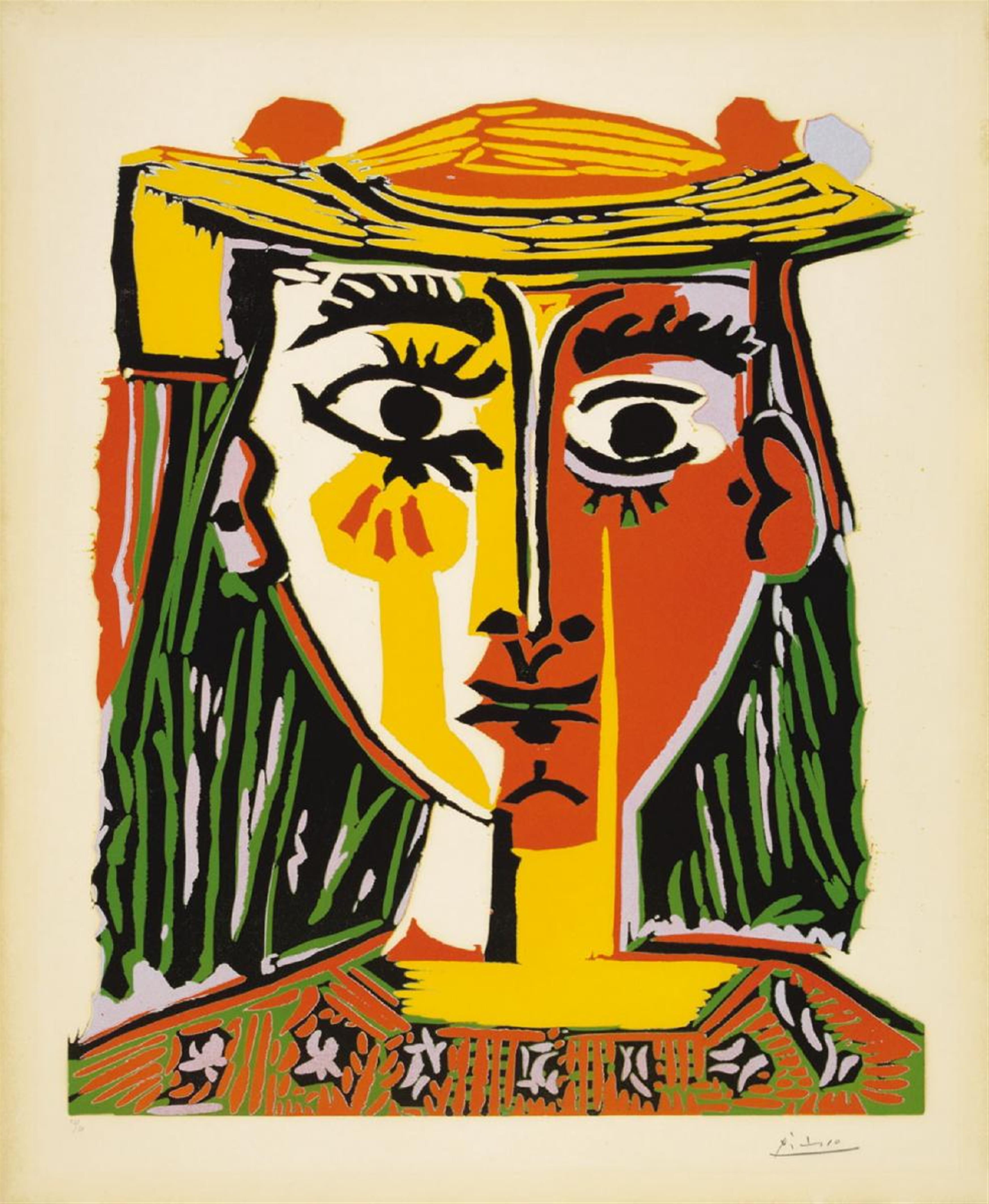 Pablo Picasso - Portrait de femme au chapeau à pompons et au corsage imprimé - image-1