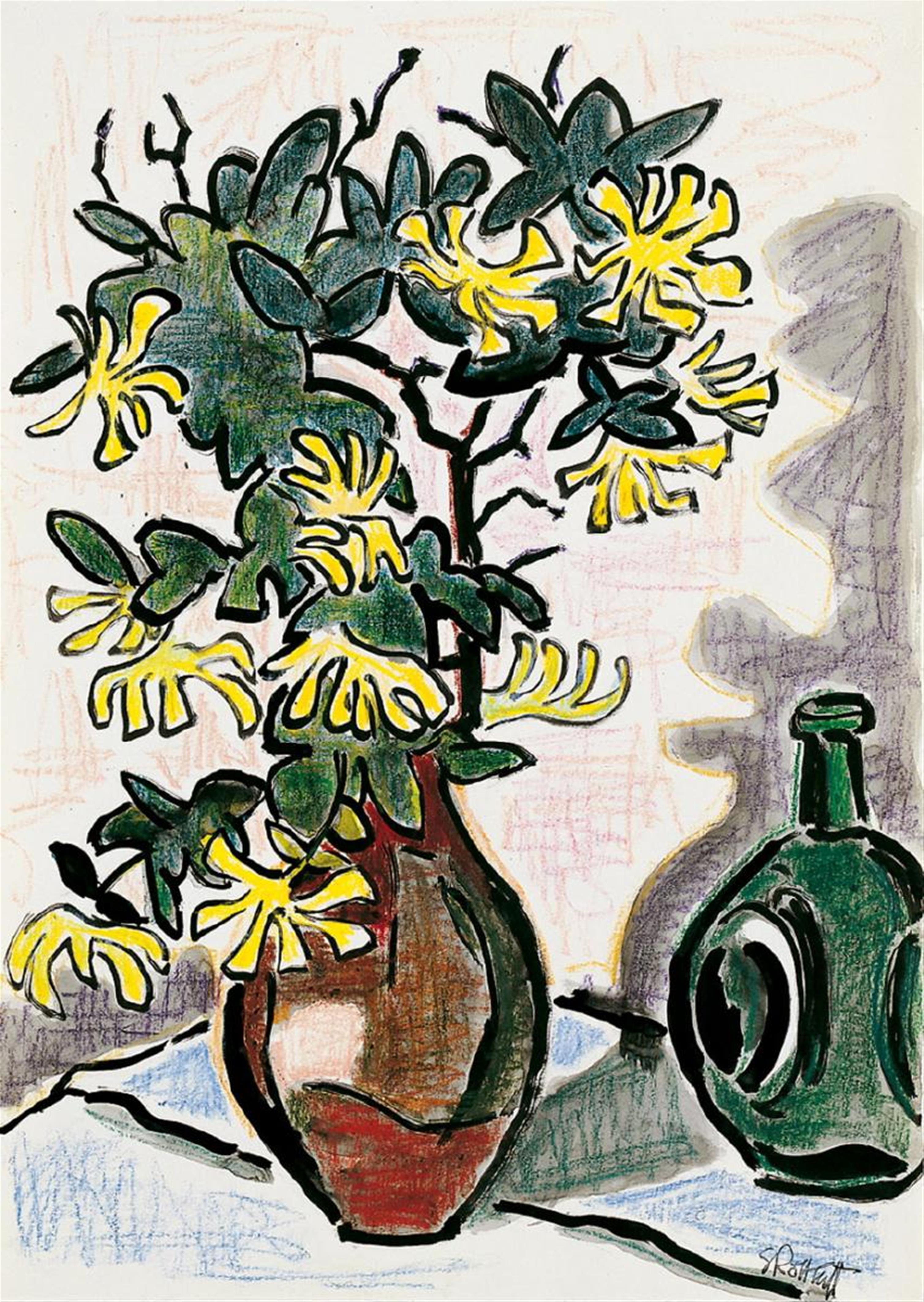 Karl Schmidt-Rottluff - Stilleben mit gelben Blumen (Klettenzweige) in einer braunen Vase - image-2