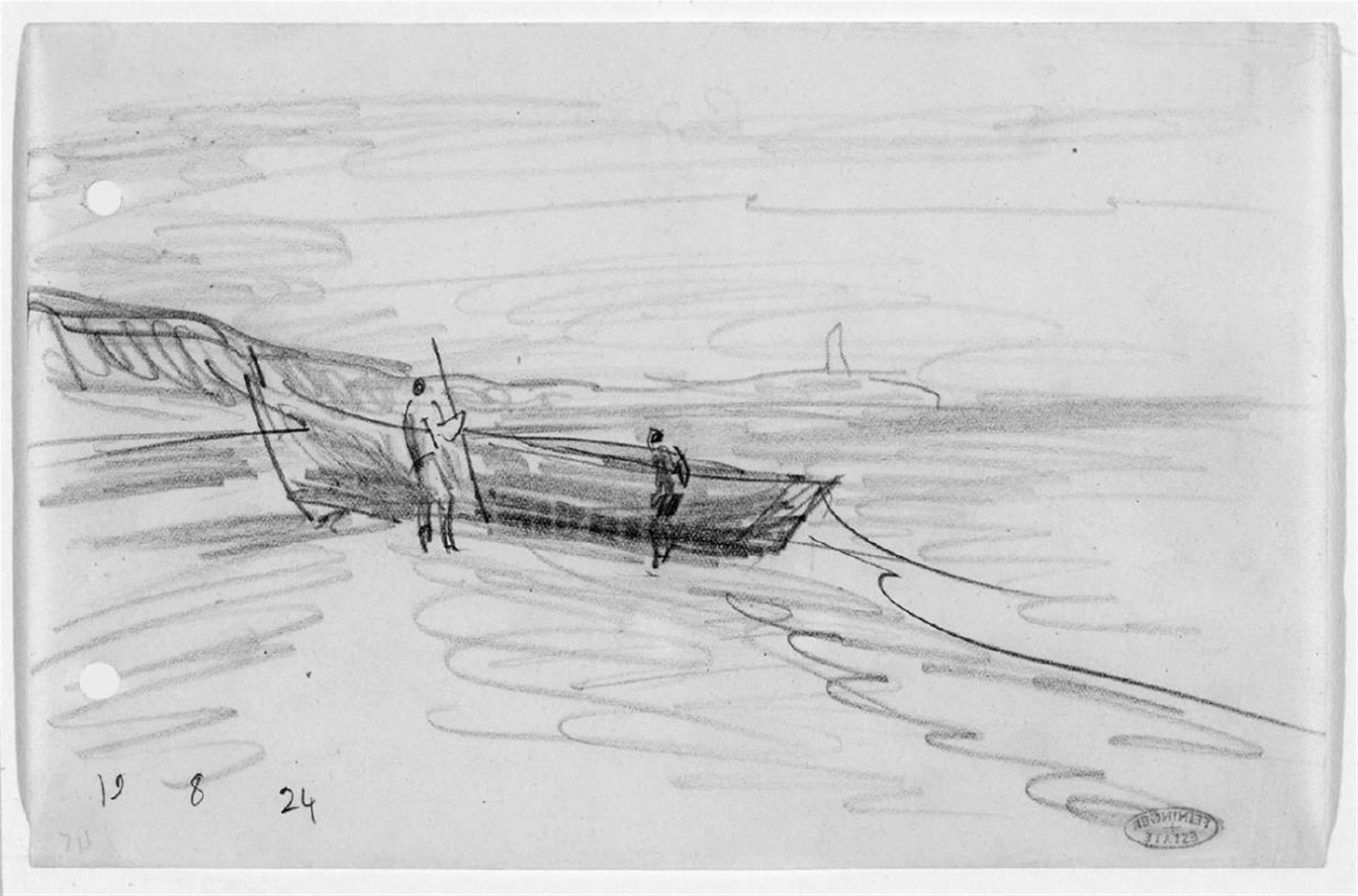Lyonel Feininger - 2 Figures by Rowing Boat pulled up on Beach, Lighthouse in the Distance (Baltische Küste bei Deep) - image-1