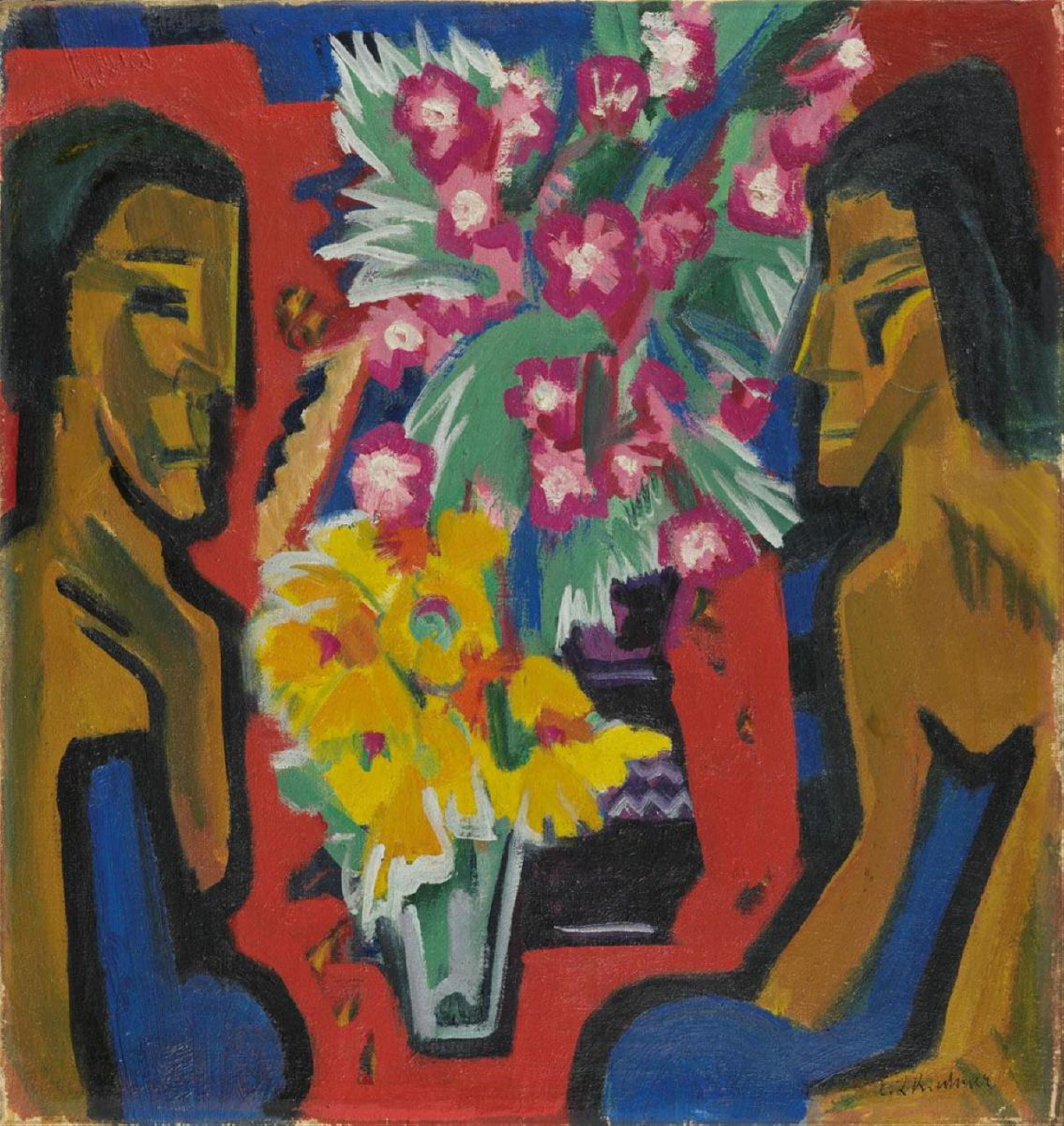 Ernst Ludwig Kirchner - Stilleben mit zwei Holzfiguren und Blumen - image-1