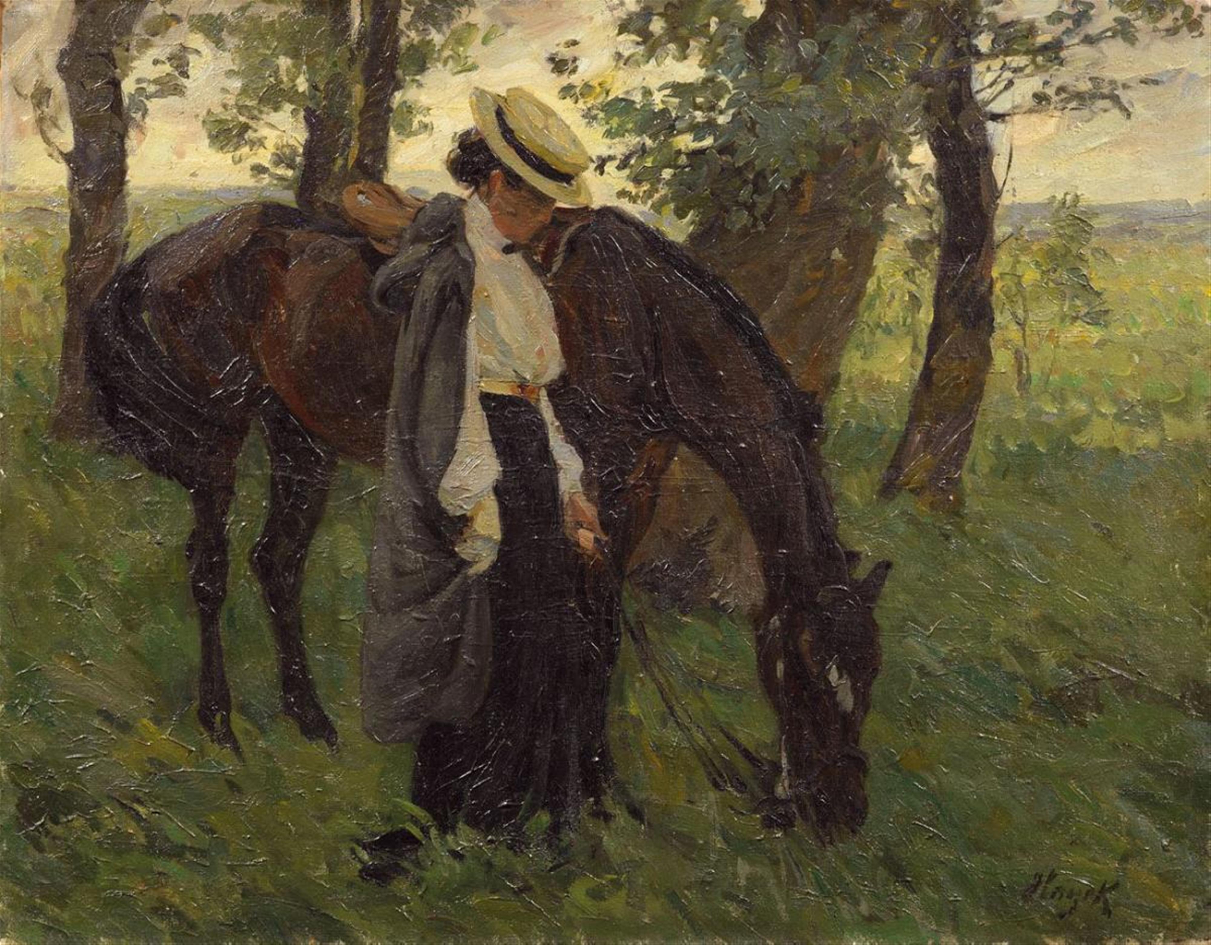 Hans von Hayek - Reiterin mit grasendem Pferd unter Bäumen - image-1