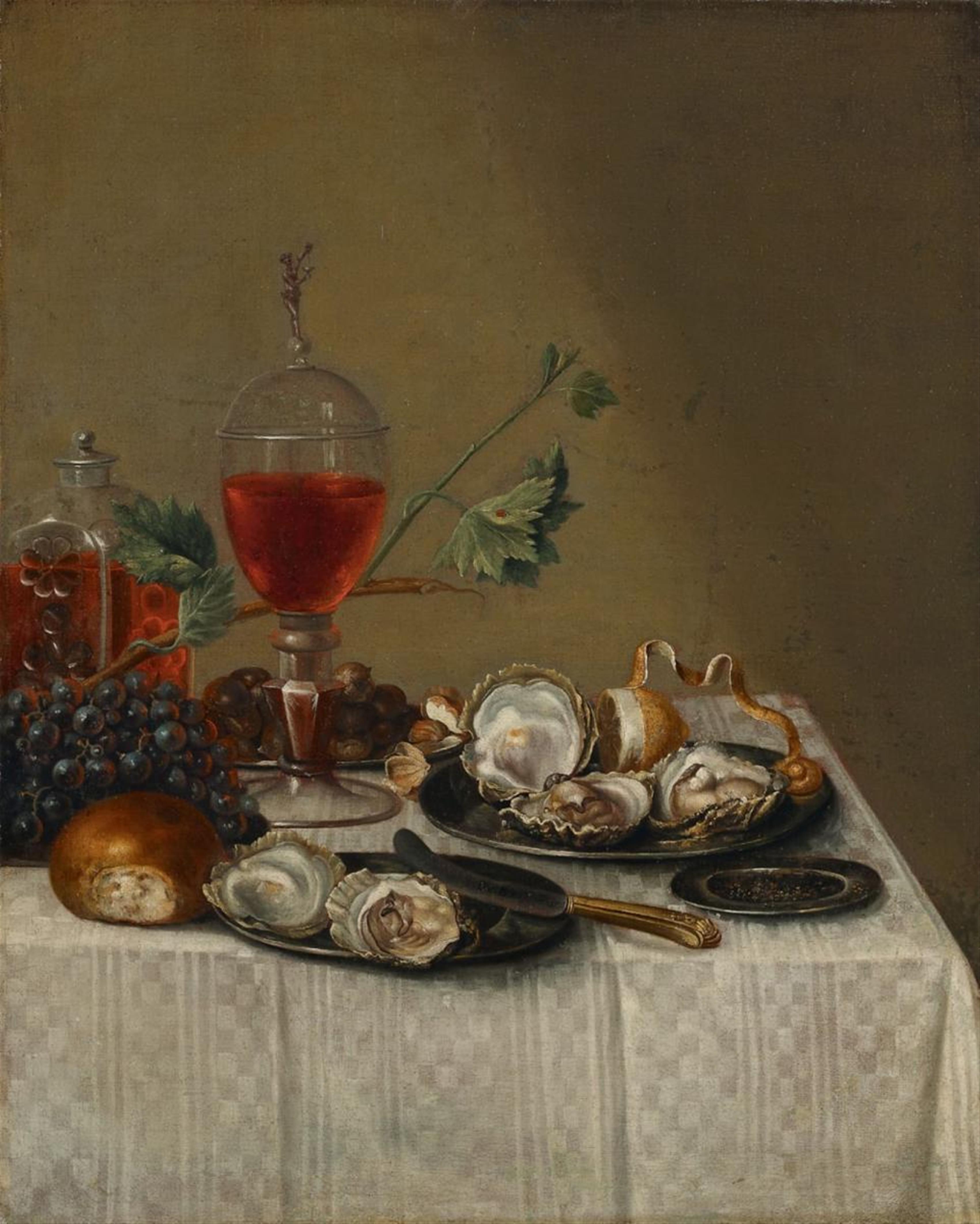 E. G. Domcke - STILL LIFE WITH GLASSES, PLATES AND OYSTER - image-1