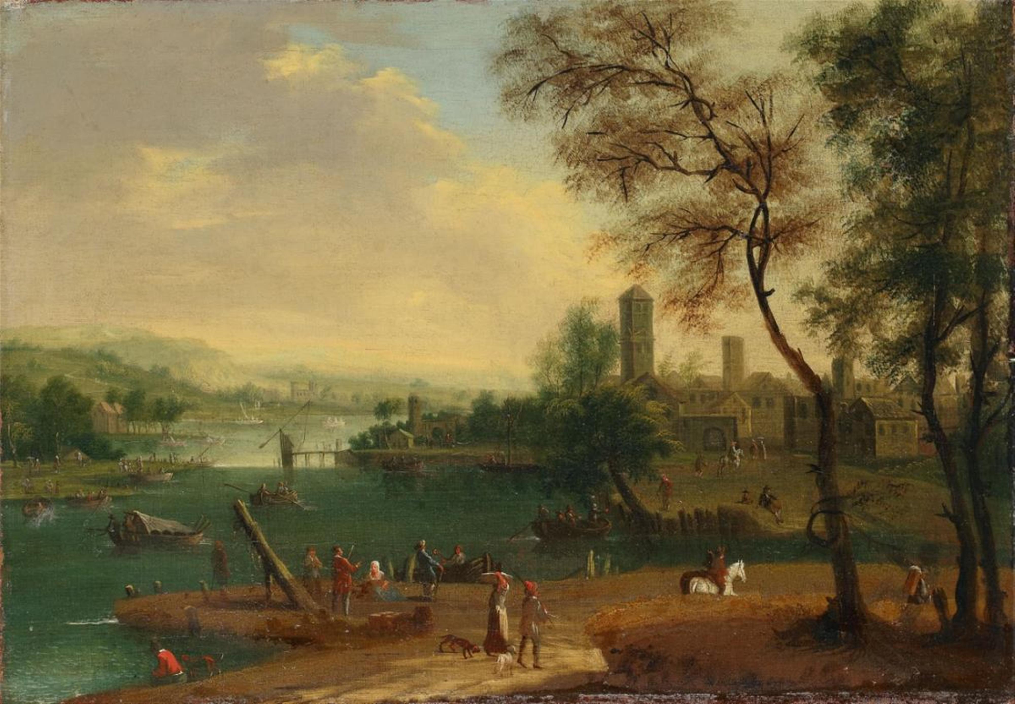 Mathys Schoevaerdts, attributed to - RIVER LANDSCAPE WITH A SMALL HARBOUR AND A TOWN - image-1