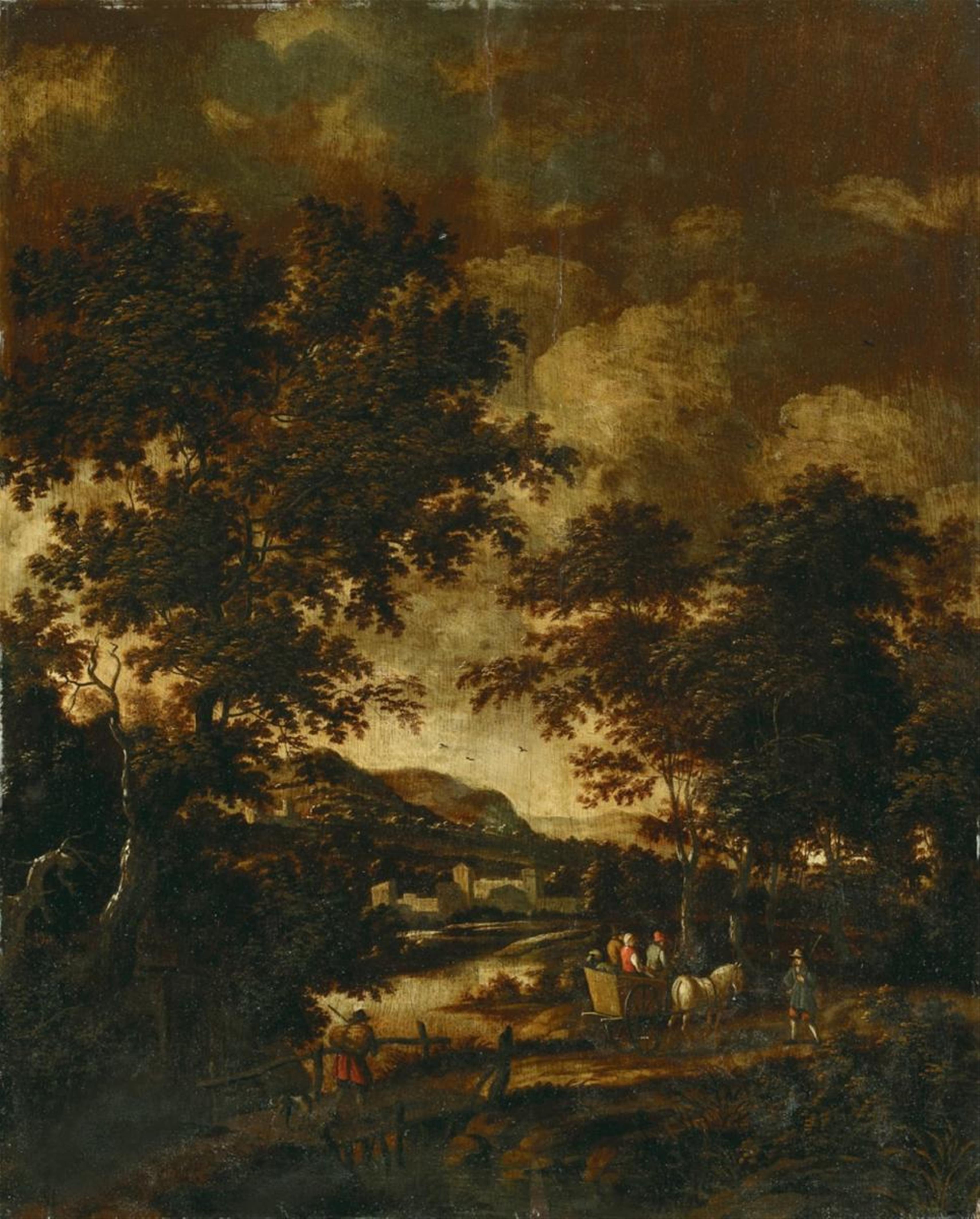 Jan Gabrielsz. Sonje, circle of - WOODED RIVER LANDSCAPE WITH CASTLE AND PEASENTS - image-1