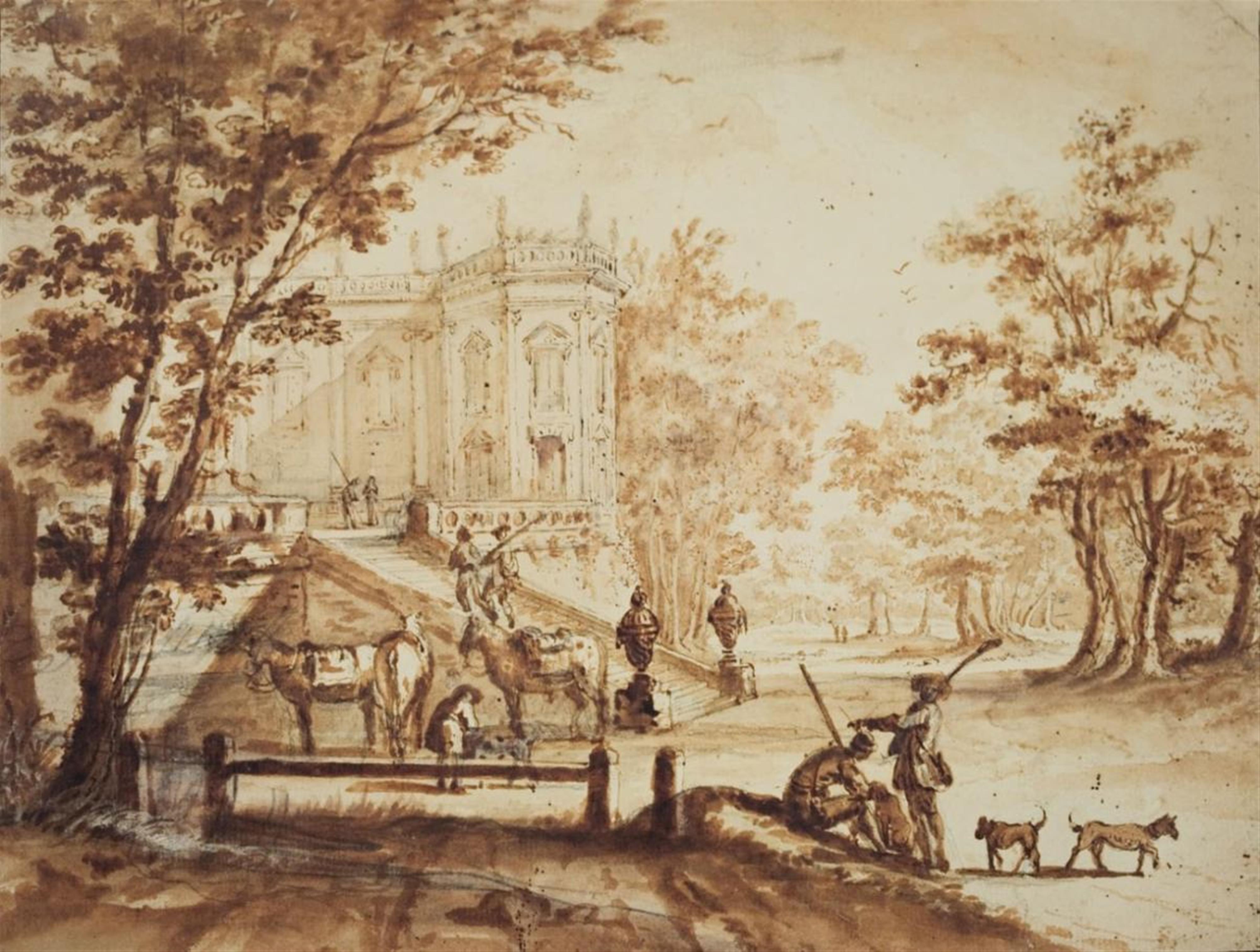 Netherlandish School, circa 1700 - LANDSCAPE WITH CASTLE AND SOLDIERS - image-1