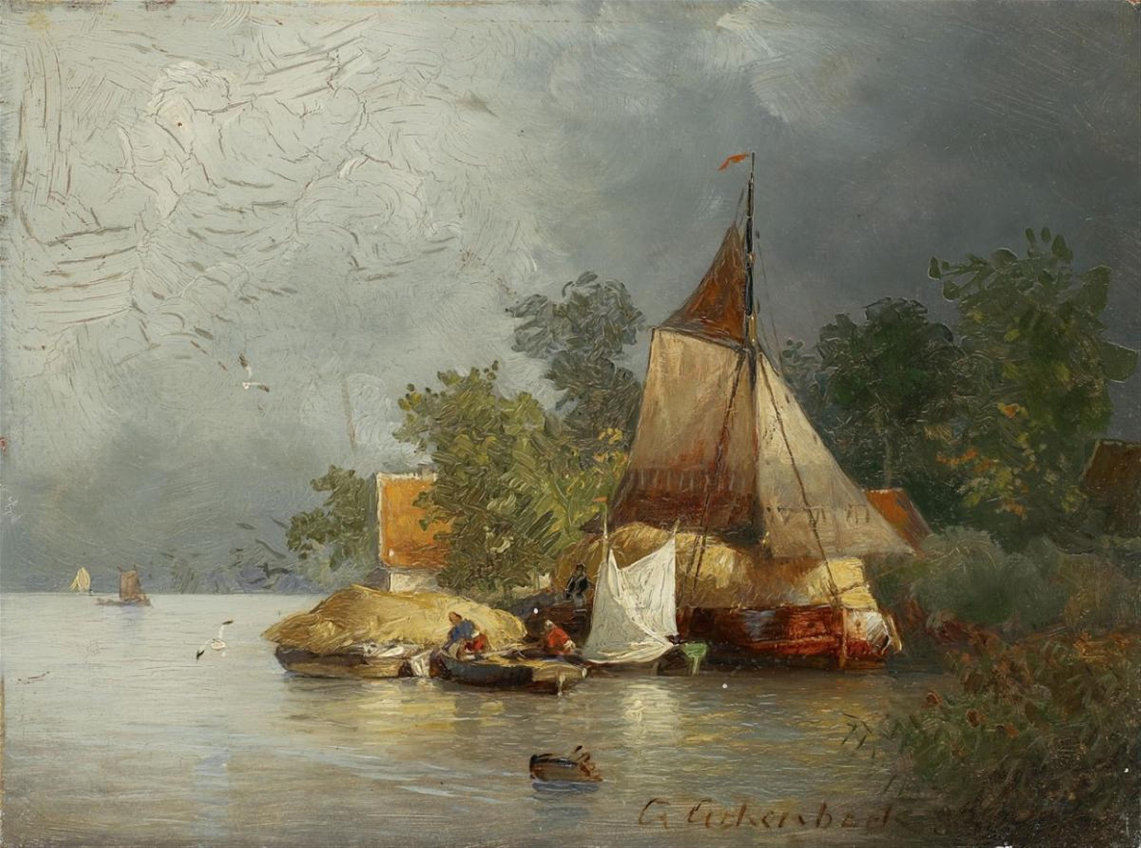 Andreas Achenbach - RIVER LANDSCAPE WITH BARGES - image-1