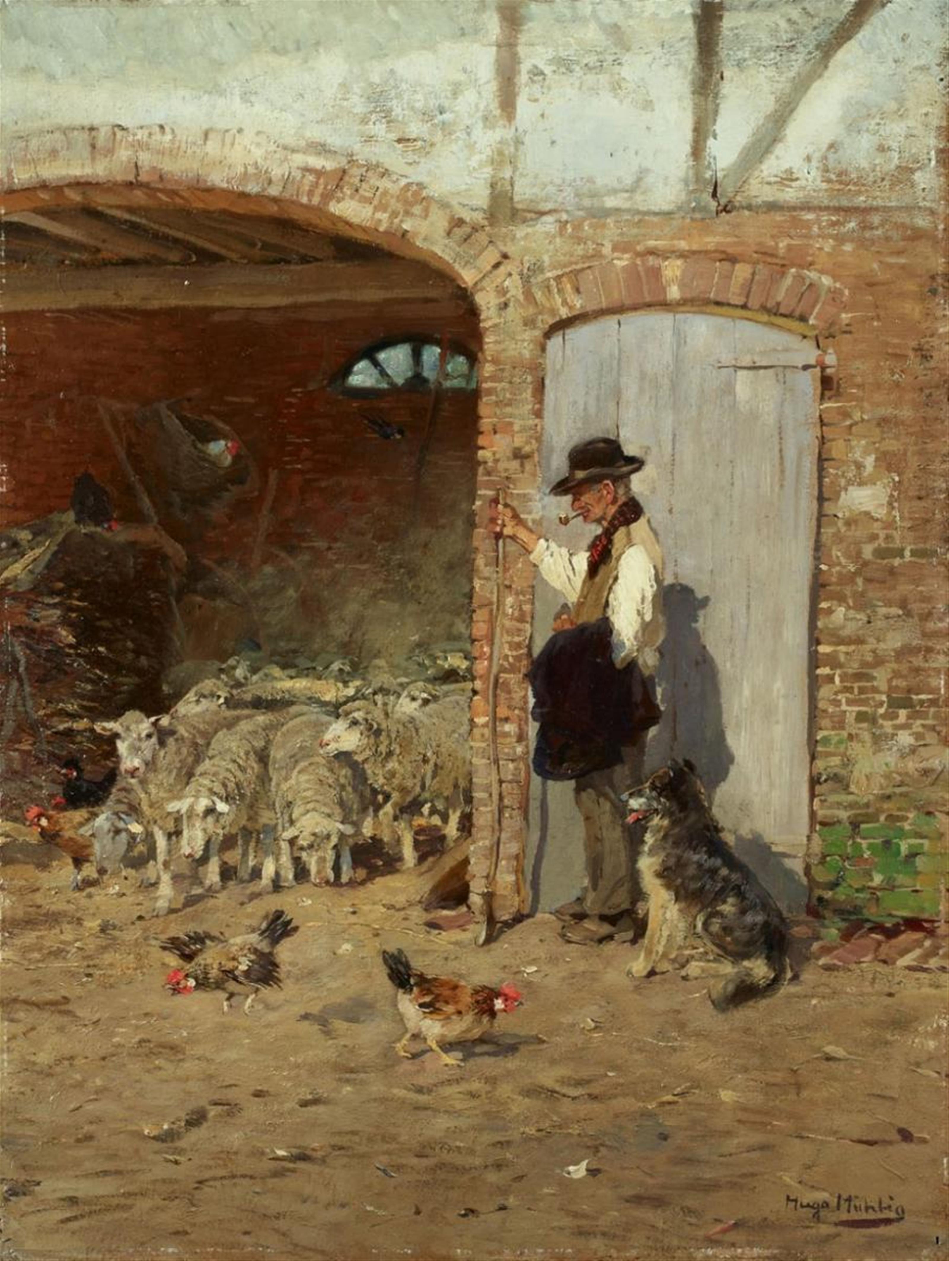 Hugo Mühlig - SHEPHERD WITH HIS DOG AT THE BARN - image-1