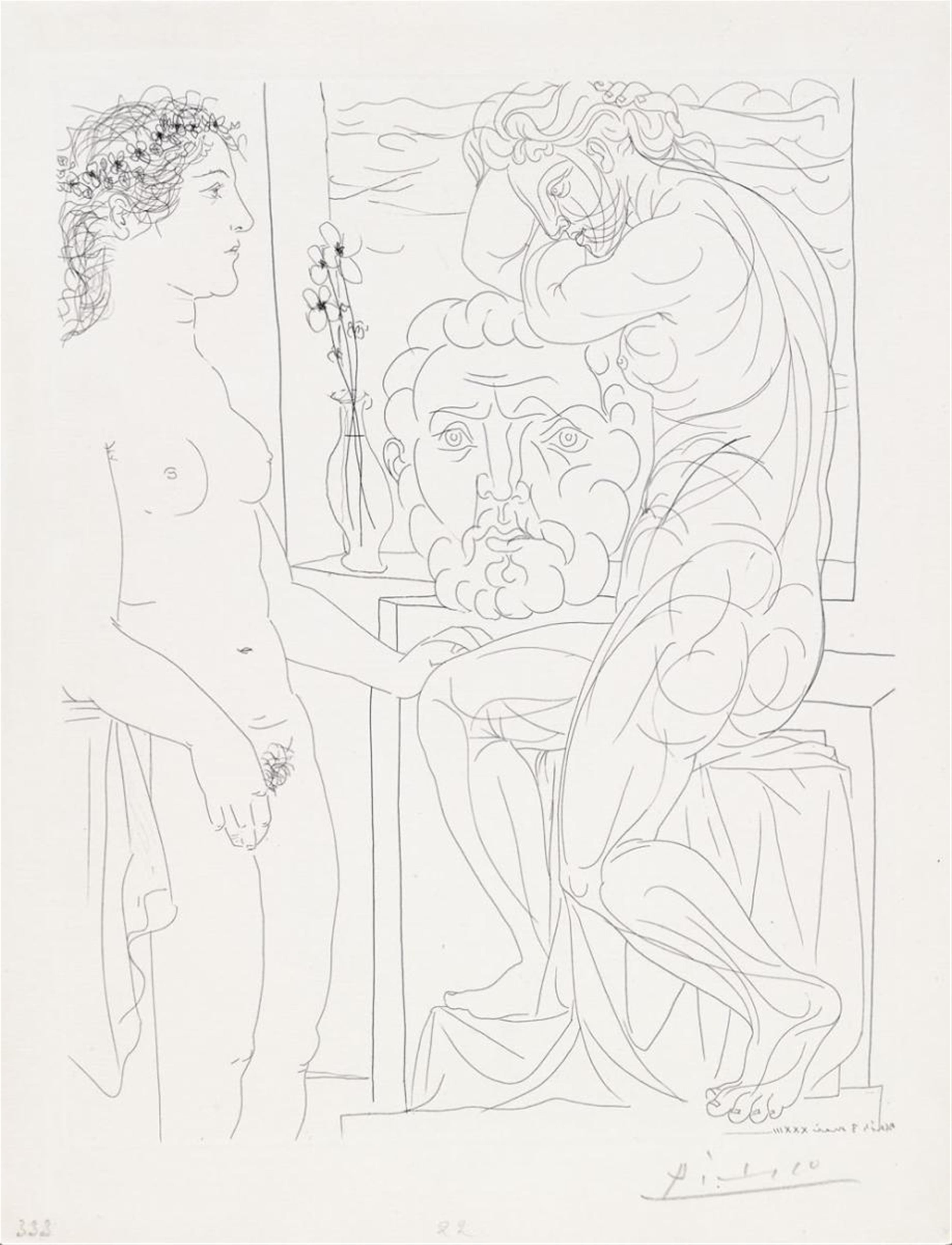 Pablo Picasso - Femme laide devant la sculpture d'une Marie-Thérèse athlétique appuyée sur un autoportrait du sculpteur - image-1