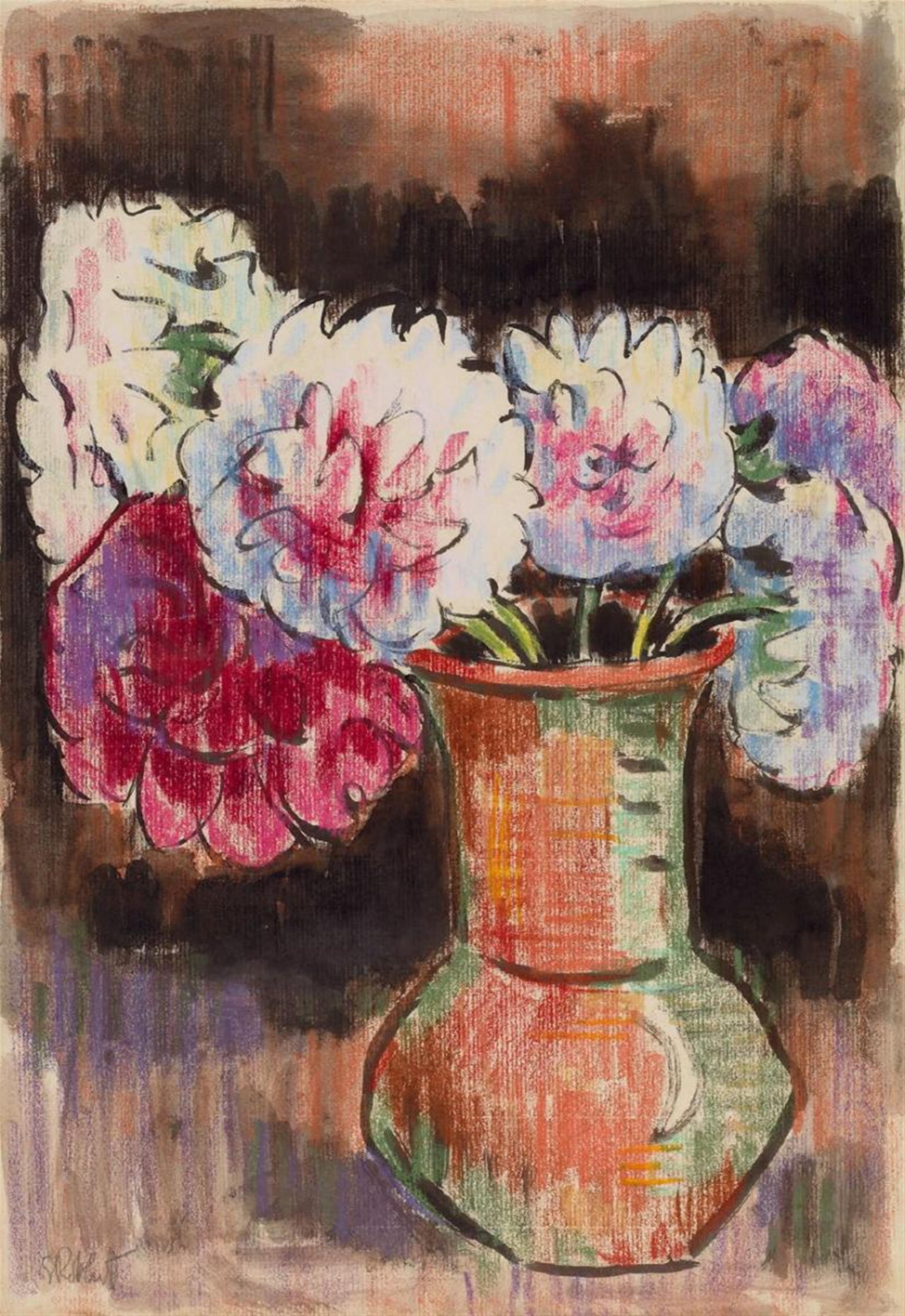 Karl Schmidt-Rottluff - Red and white Dahlias in a Clay Vase - image-1