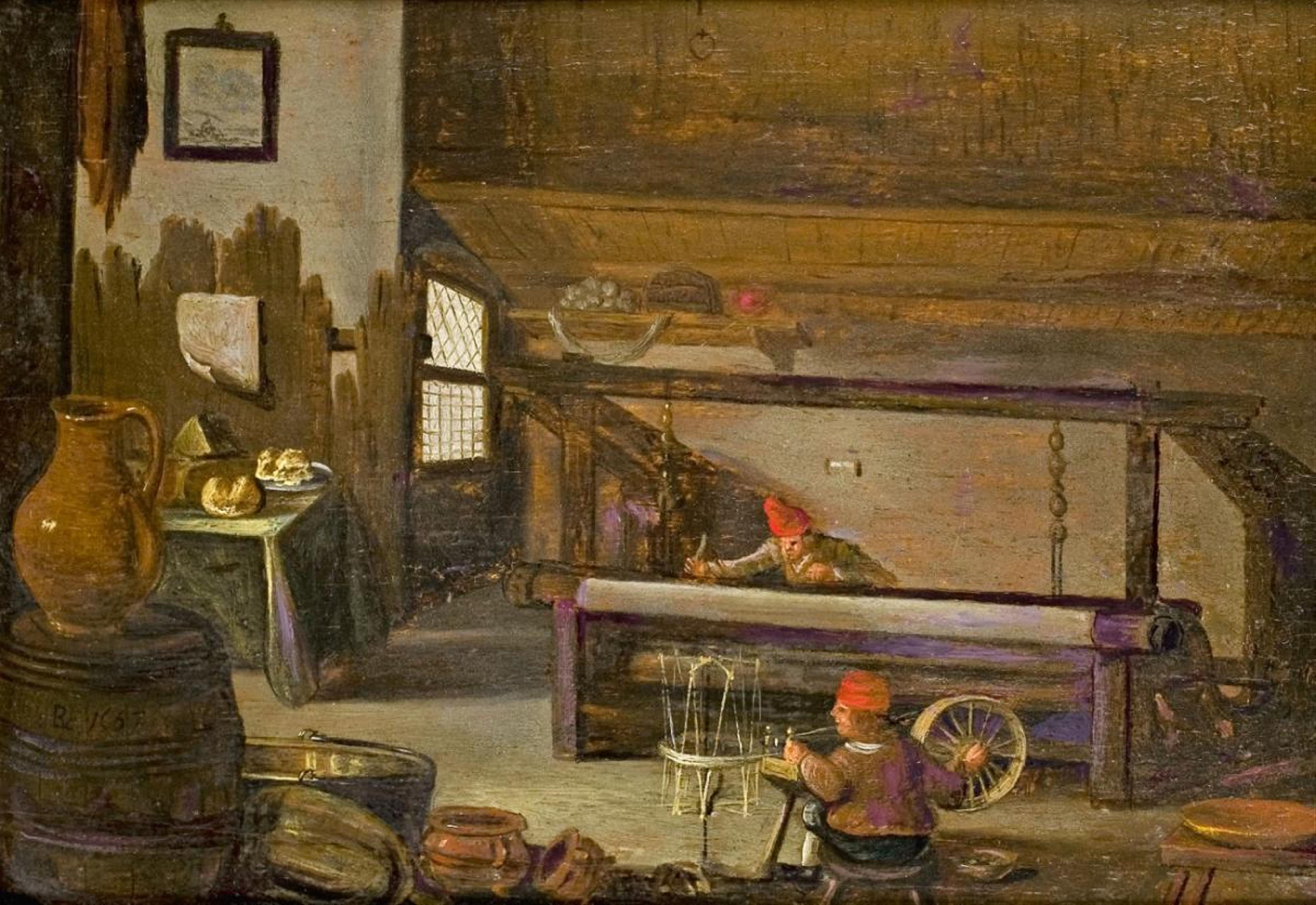 Monogrammist RE - RURAL INTERIOR WITH A LOOM AND A SPINNING-WHEEL - image-1