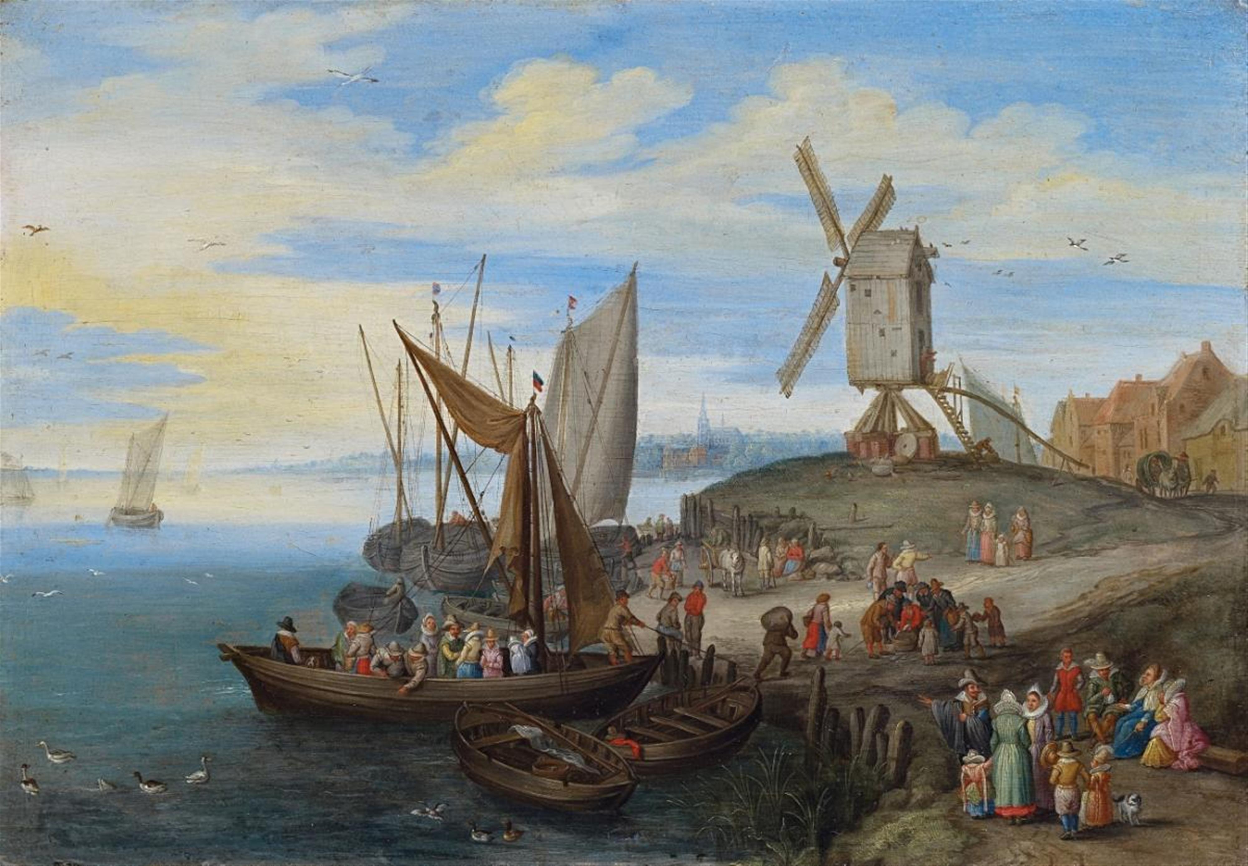 Pieter Gysels - HARBOUR SCENE WITH WIND MILL AND MERCHANTS - image-1