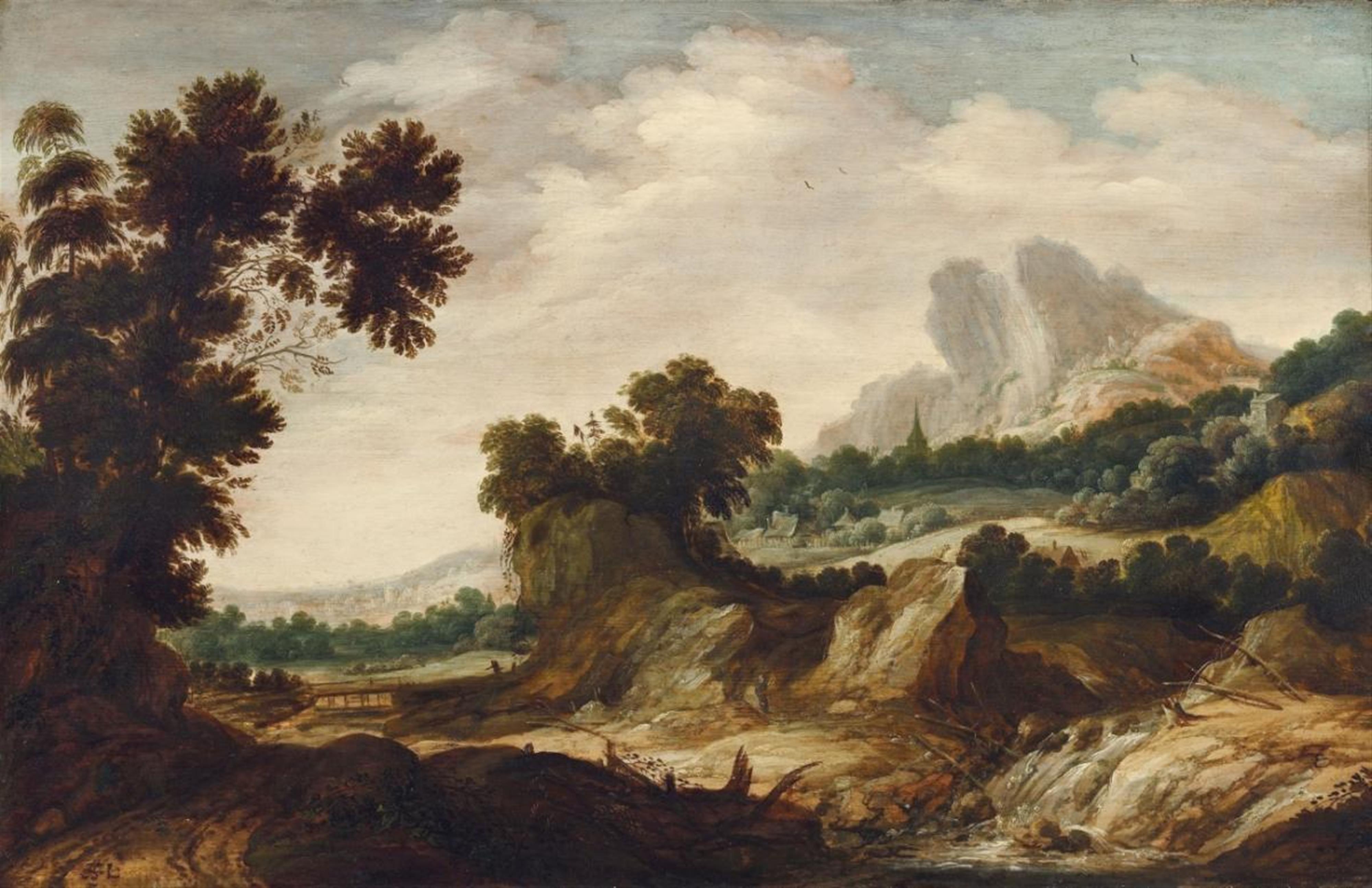 Herman Saftleven - MOUNTAIN LANDSCAPE WITH WATERFALL - image-1