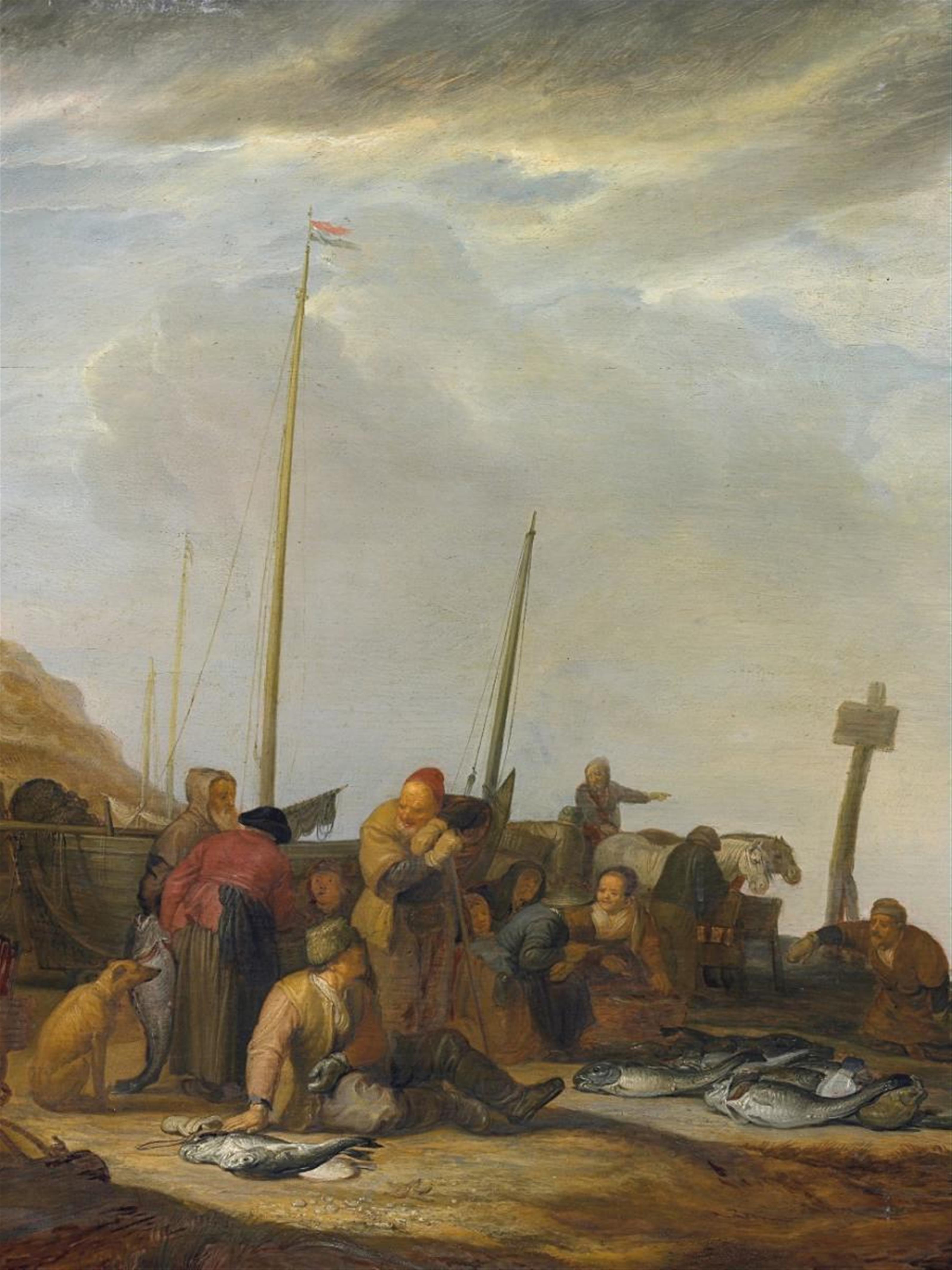 Simon de Vlieger - VIEW OF A DUNE AND A COAST WITH LIGHTHOUSE AND FISHERMEN - image-2