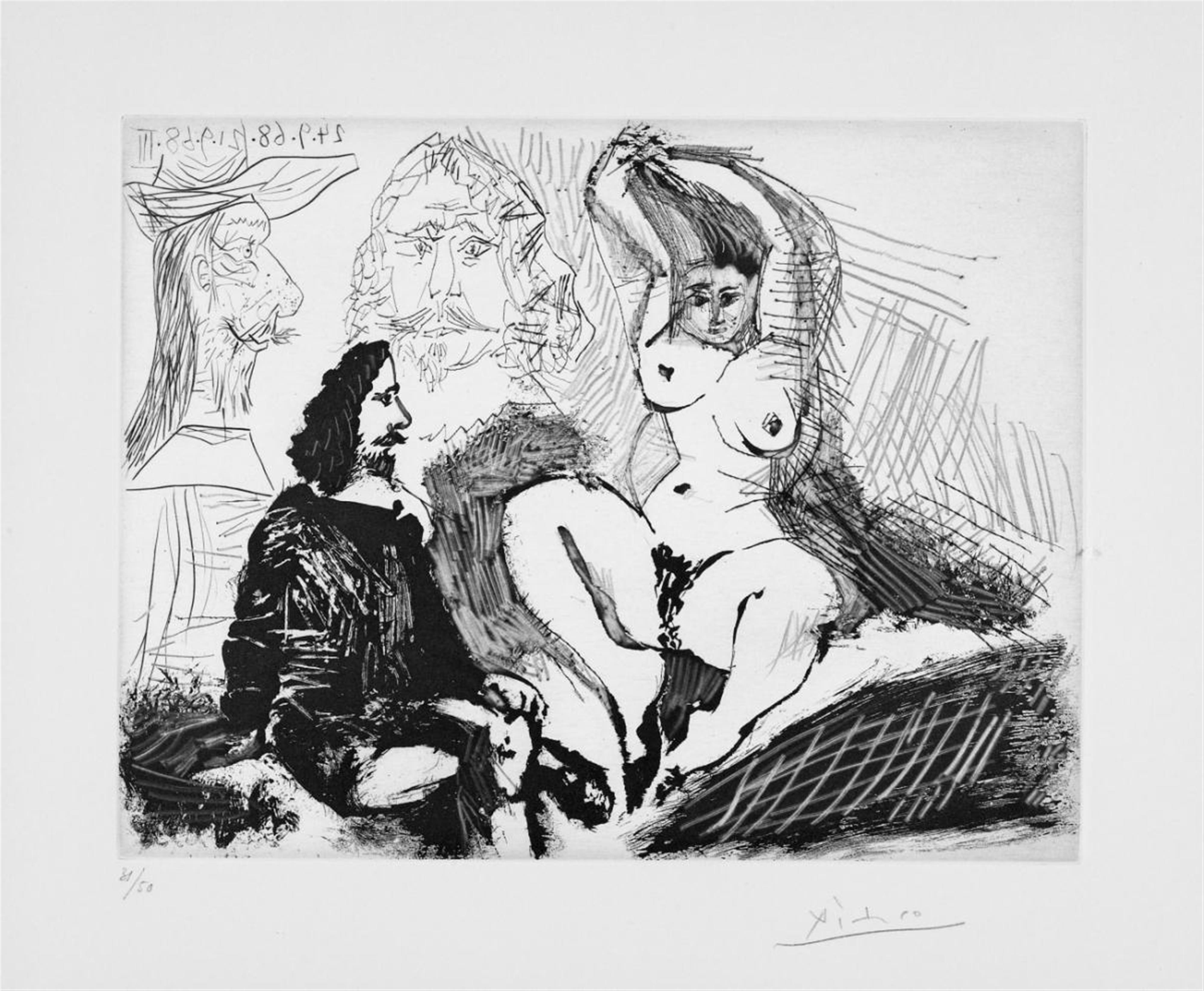 Pablo Picasso - Homme assis auprès d'une femme se coiffant, avec, derrière, deux peintres - image-1