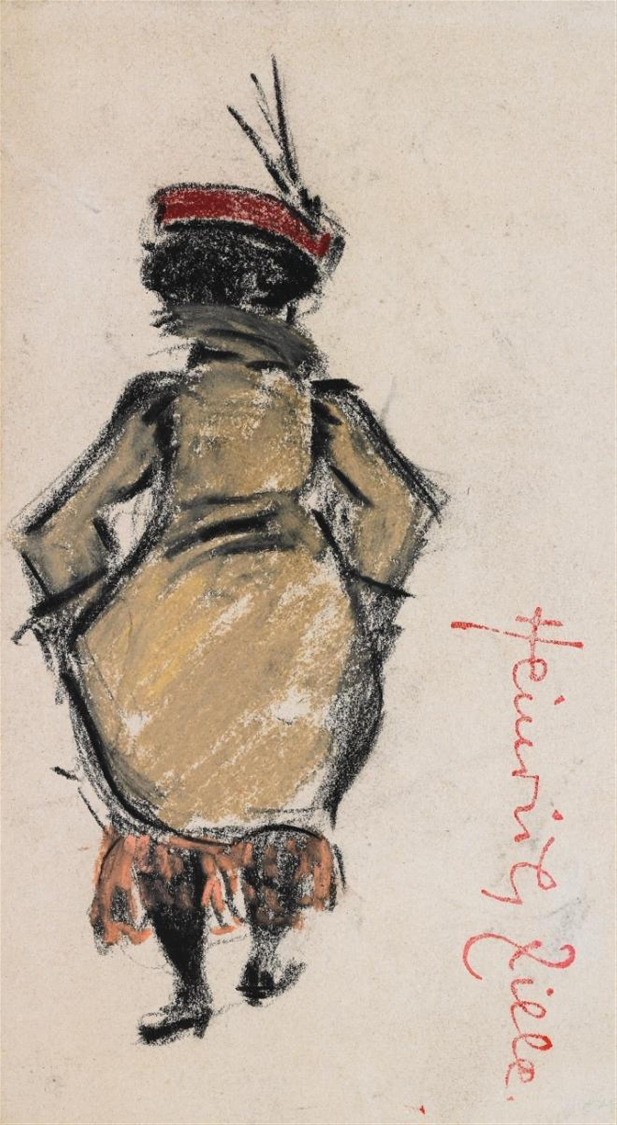 Heinrich Zille - Dame im roten Federhut von hinten, den Mantel raffend - image-1